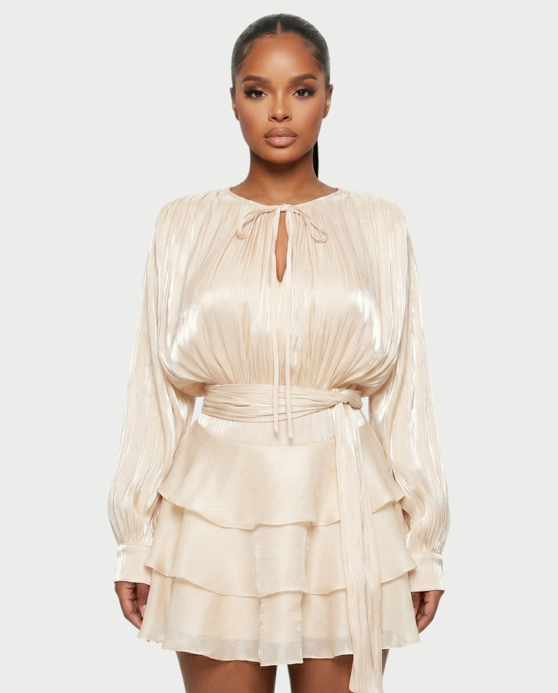 CALIMA Tie-Neck Ruffle Waist Mini Dress