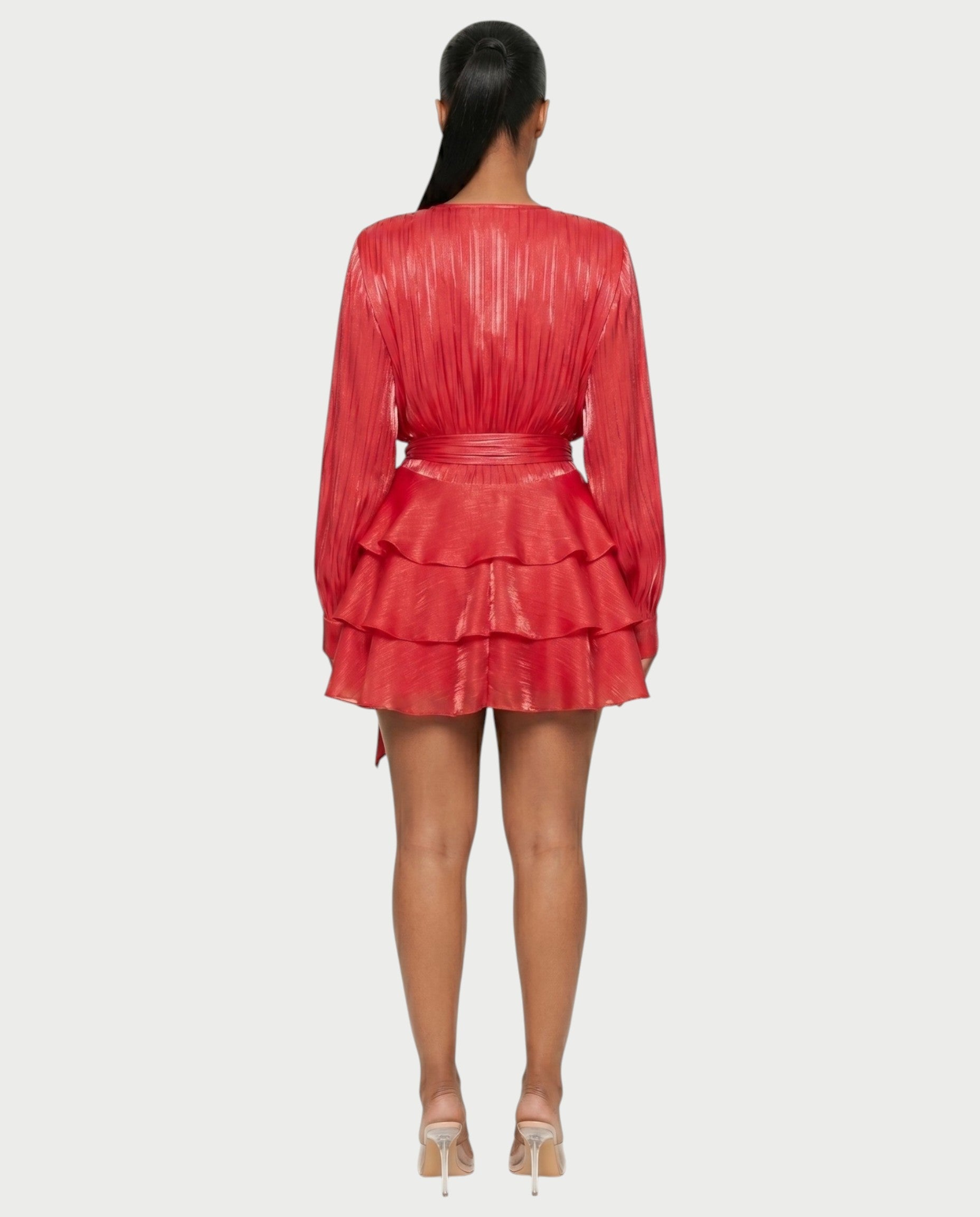 CALIMA Tie-Neck Ruffle Waist Mini Dress