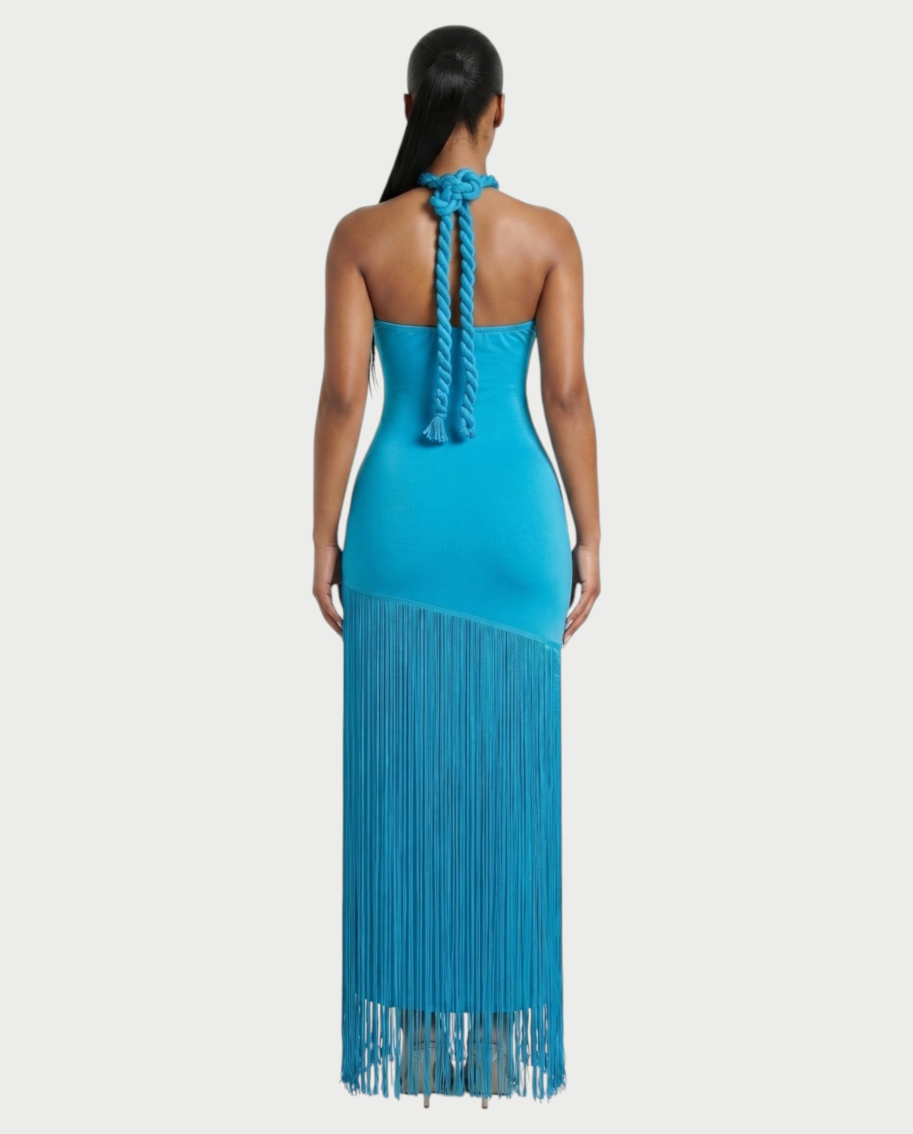 ORELA Braided Halter Fringe Maxi Dress