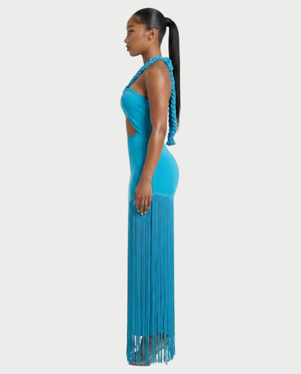ORELA Braided Halter Fringe Maxi Dress