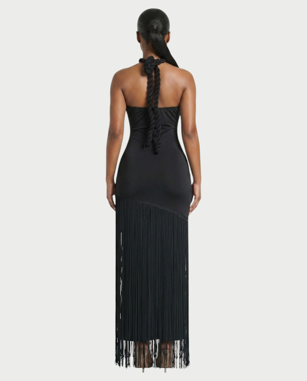 ORELA Braided Halter Fringe Maxi Dress