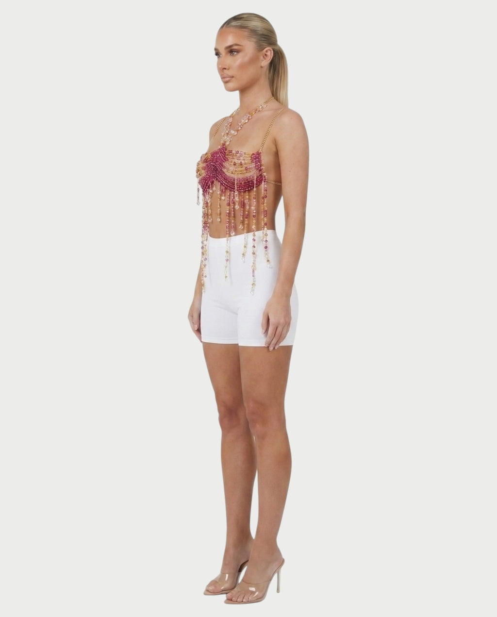 LUYANA Crystal Bead Tassel Chain Bralette Top