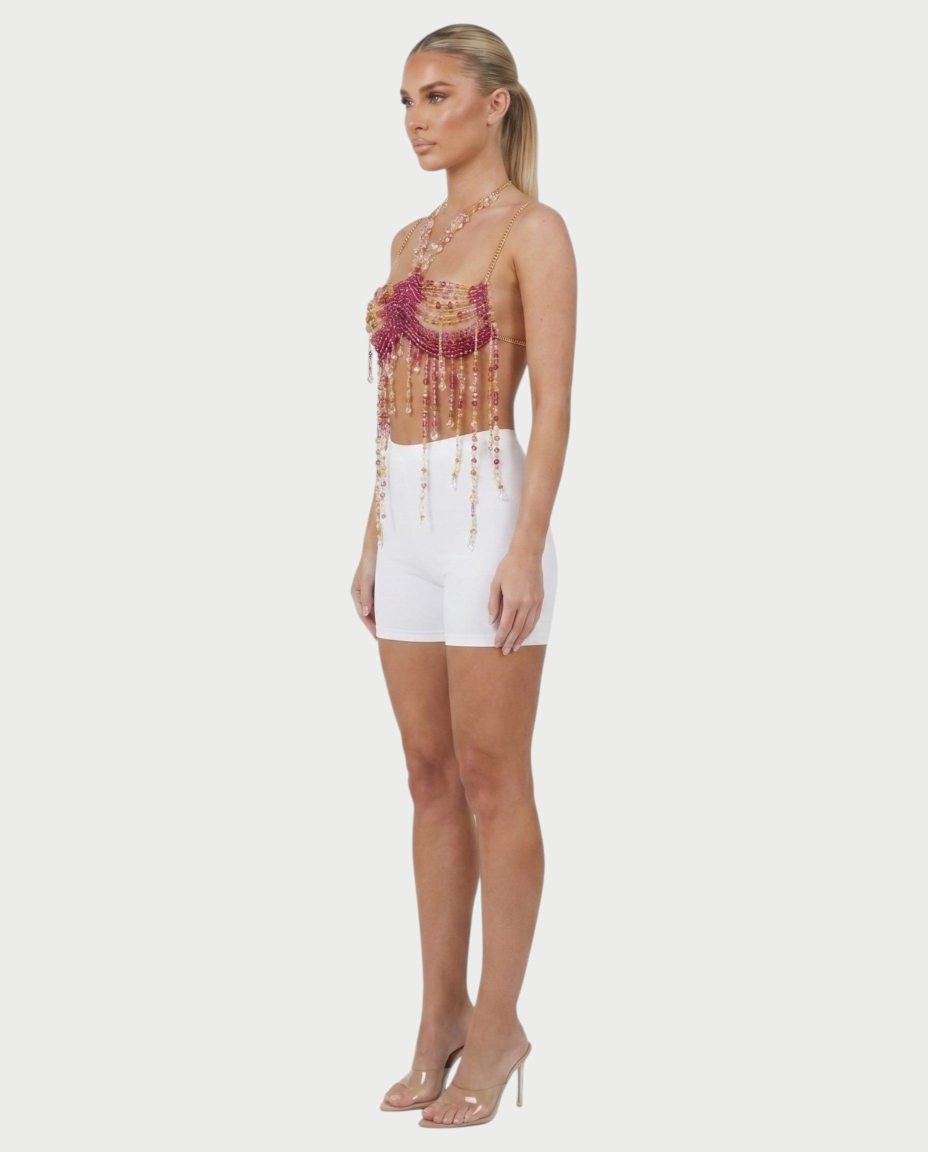 LUYANA Crystal Bead Tassel Chain Bralette Top