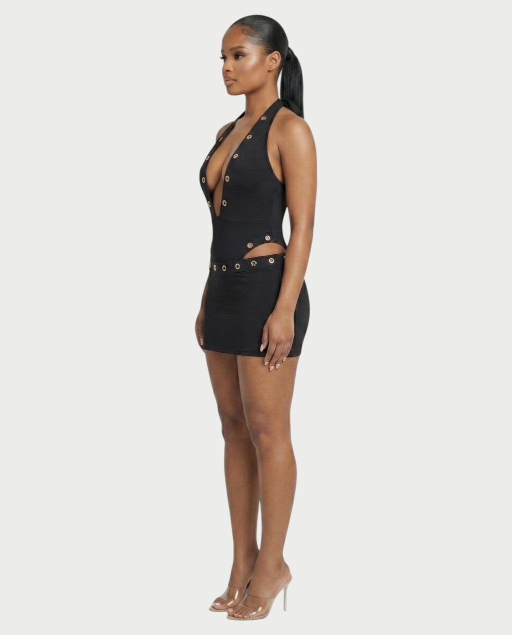 ELARIA Halter Plunge Bodysuit & Mini Skirt Set