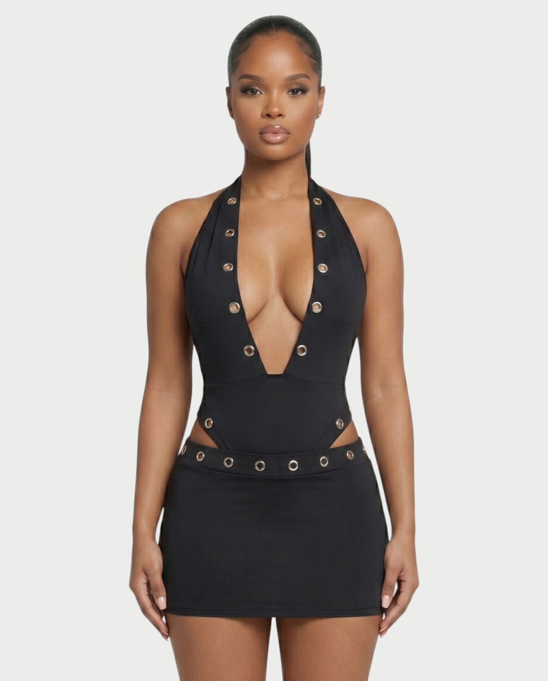 ELARIA Halter Plunge Bodysuit & Mini Skirt Set