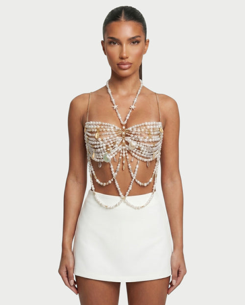 ORENA Pearl Beaded Tassel Chain Bralette Top