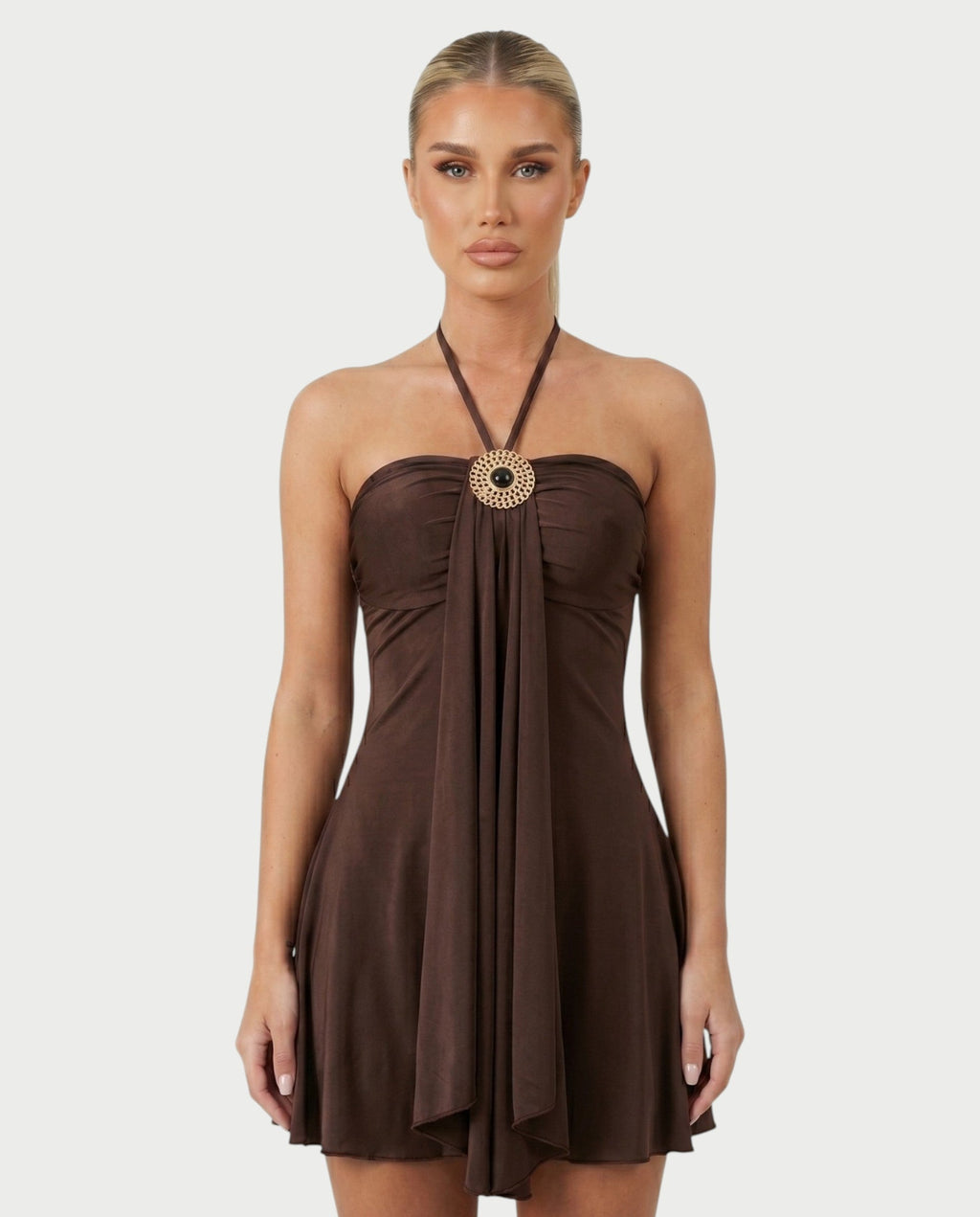 AVIELLE Halter Chain Medallion Drape Mini Dress