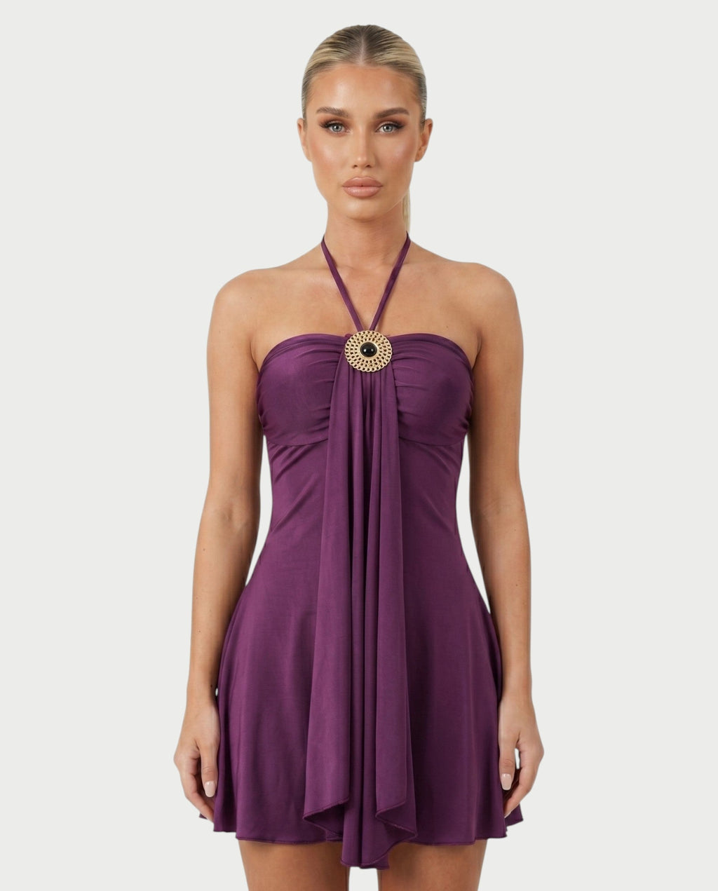 AVIELLE Halter Chain Medallion Drape Mini Dress