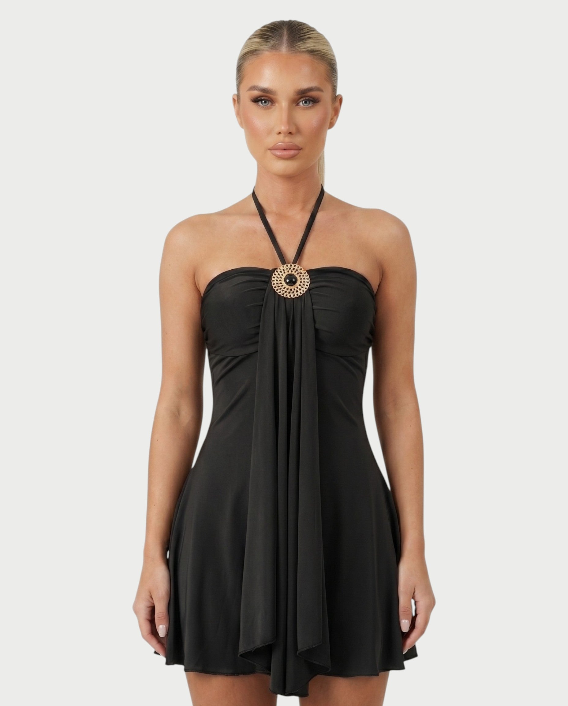 AVIELLE Halter Chain Medallion Drape Mini Dress