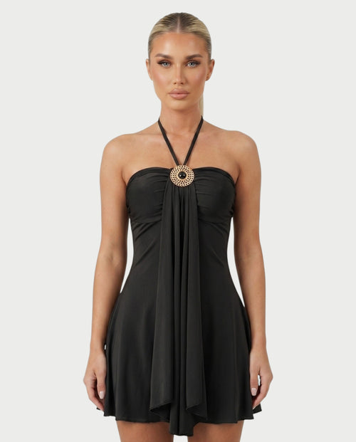 AVIELLE Halter Chain Medallion Drape Mini Dress