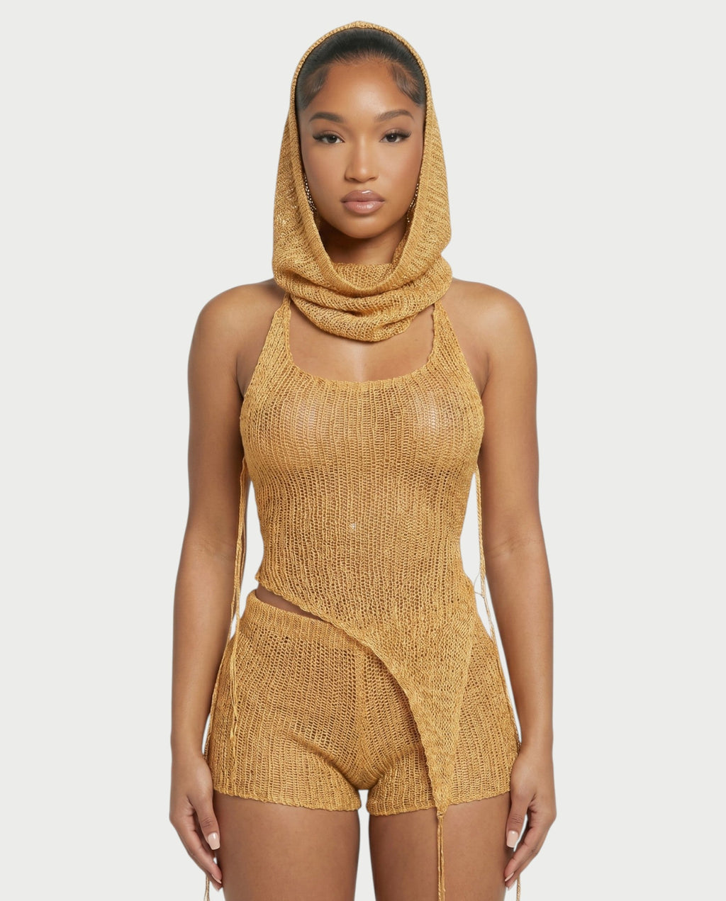 ZELISSE 3-Piece Halter Top, Shorts & Hooded Scarf Set