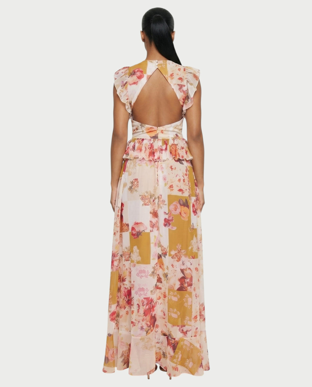 LUVIANA Floral Ruffle Deep V-Neck Flowy Maxi Dress