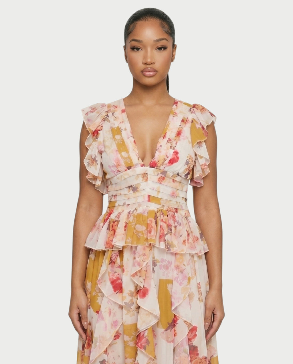 LUVIANA Floral Ruffle Deep V-Neck Flowy Maxi Dress