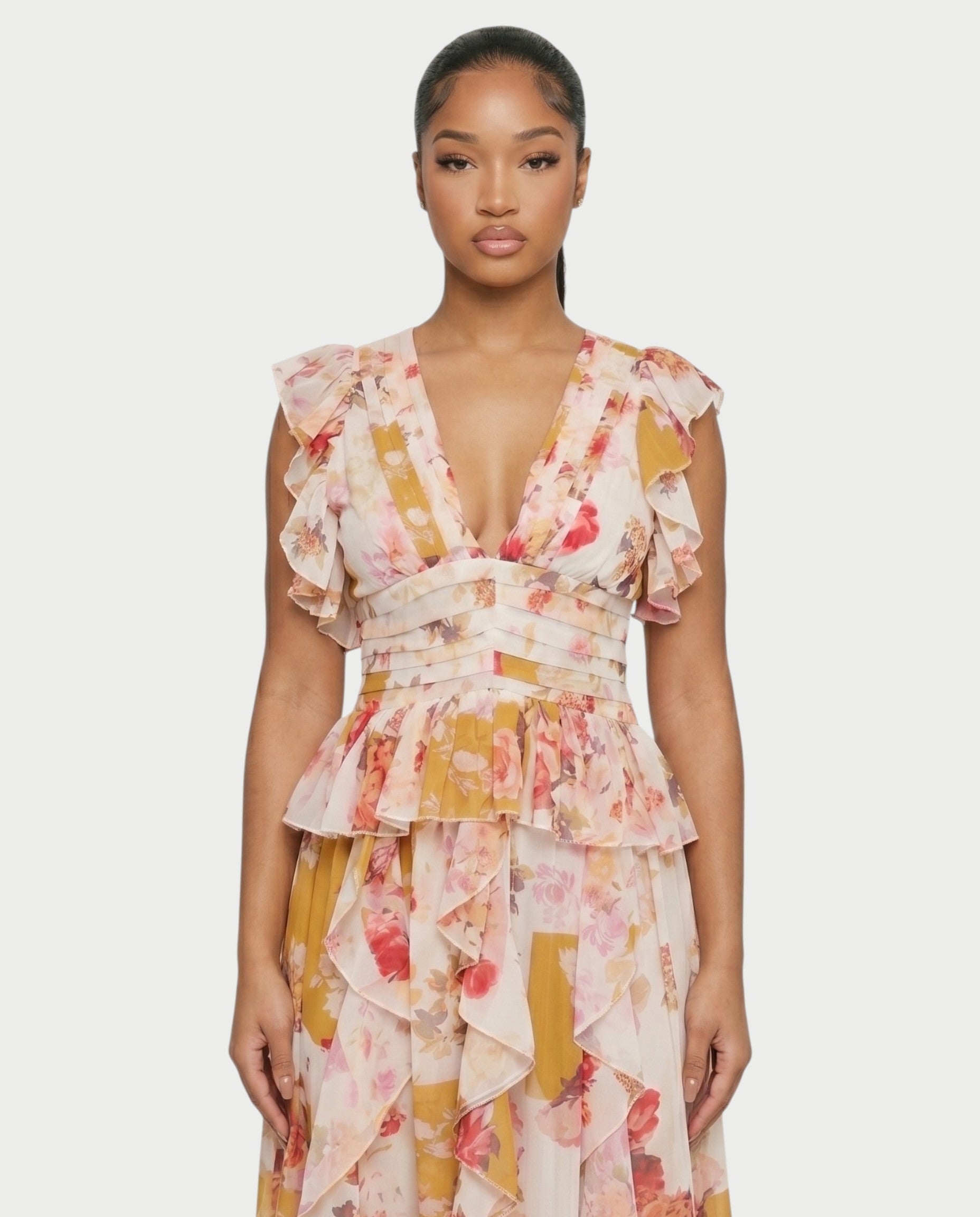 LUVIANA Floral Ruffle Deep V-Neck Flowy Maxi Dress