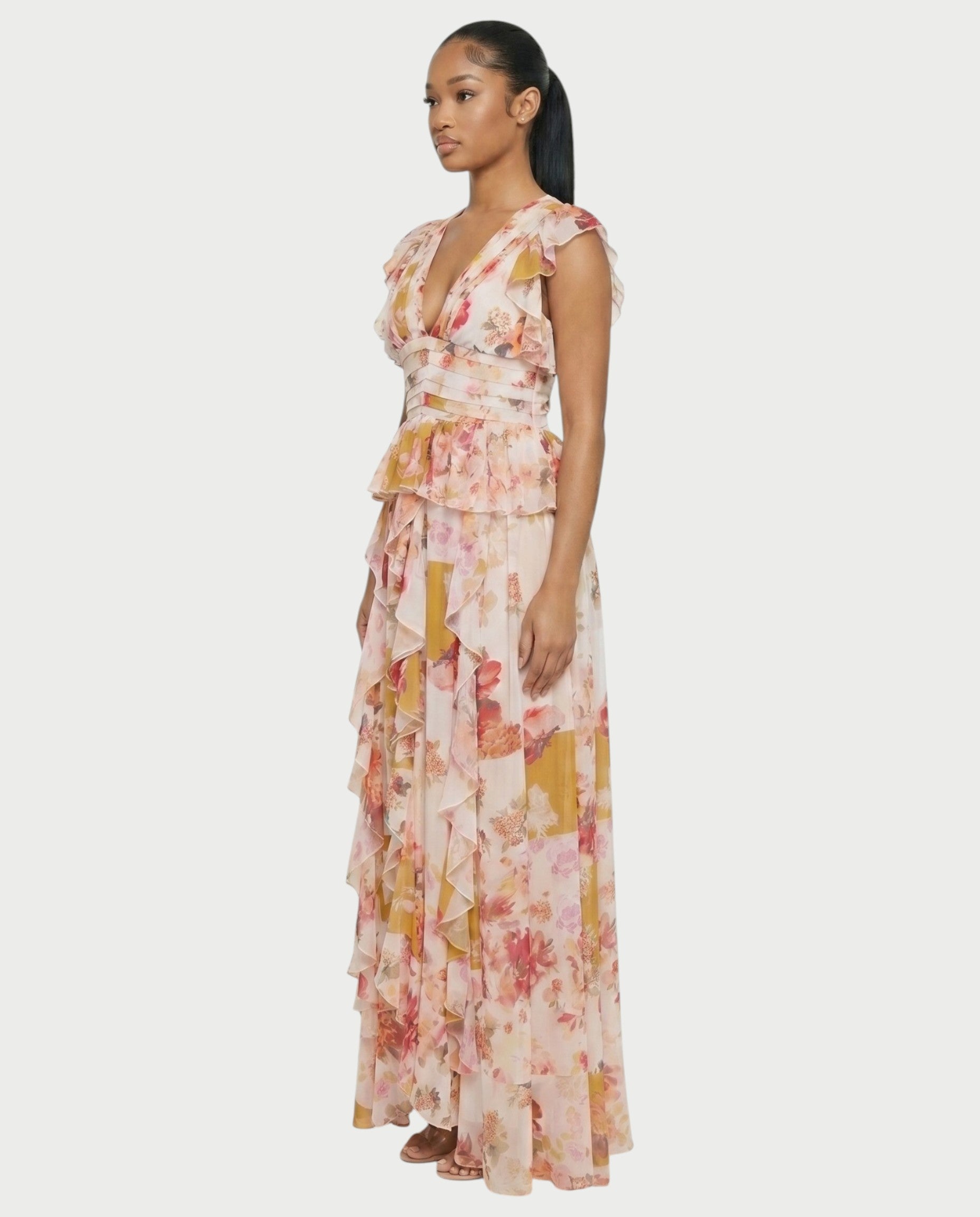 LUVIANA Floral Ruffle Deep V-Neck Flowy Maxi Dress
