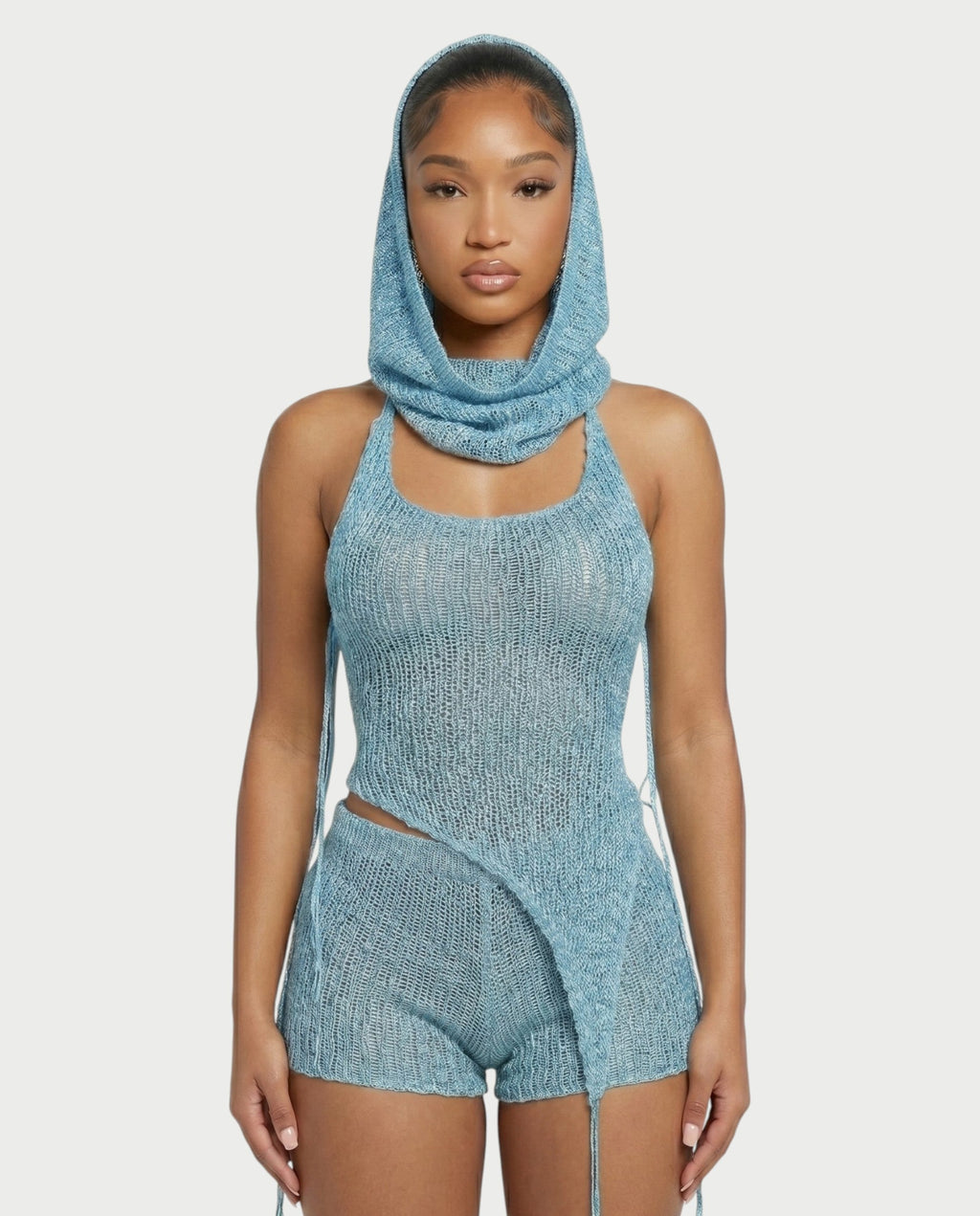 ZELISSE 3-Piece Halter Top, Shorts & Hooded Scarf Set