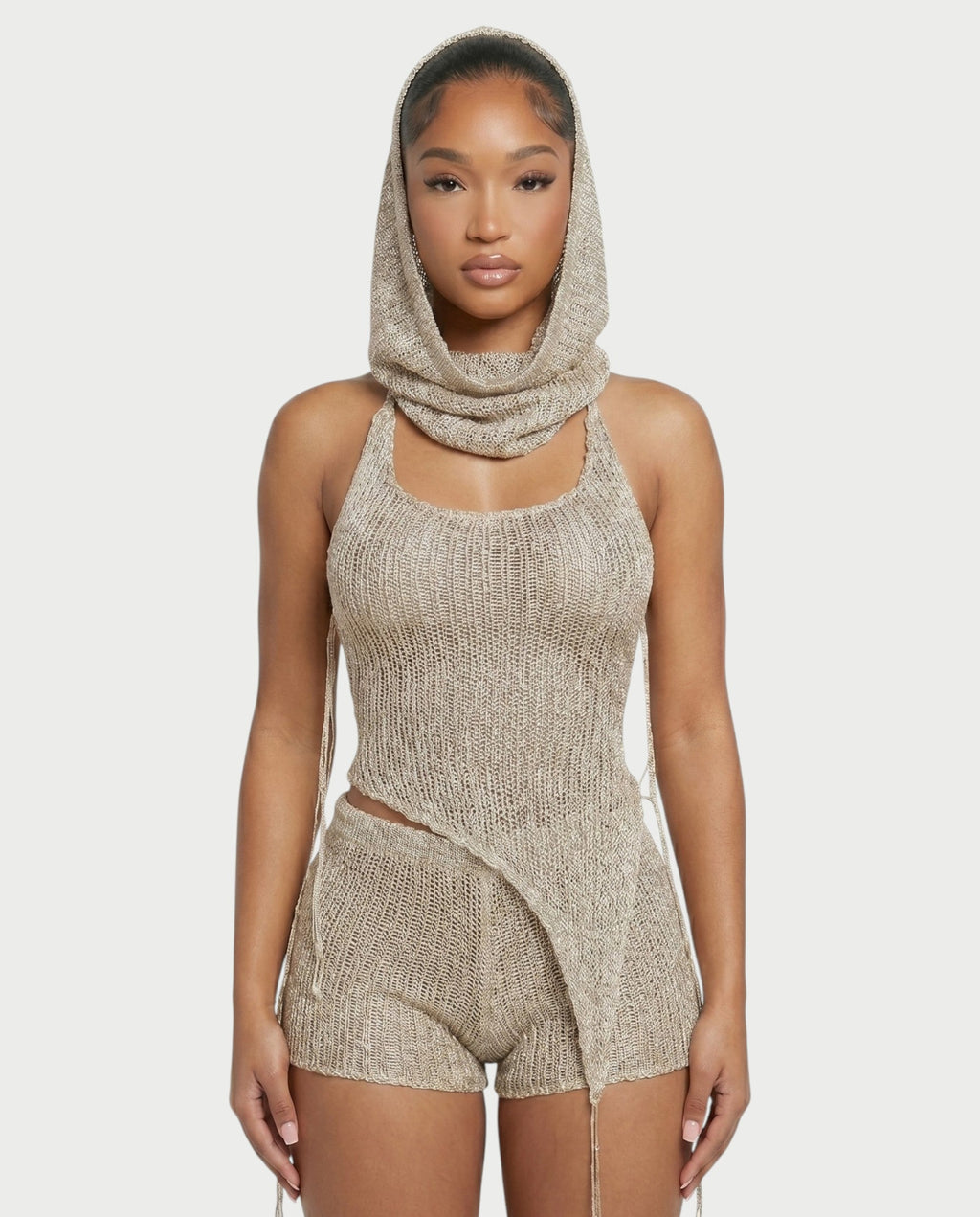 ZELISSE 3-Piece Halter Top, Shorts & Hooded Scarf Set