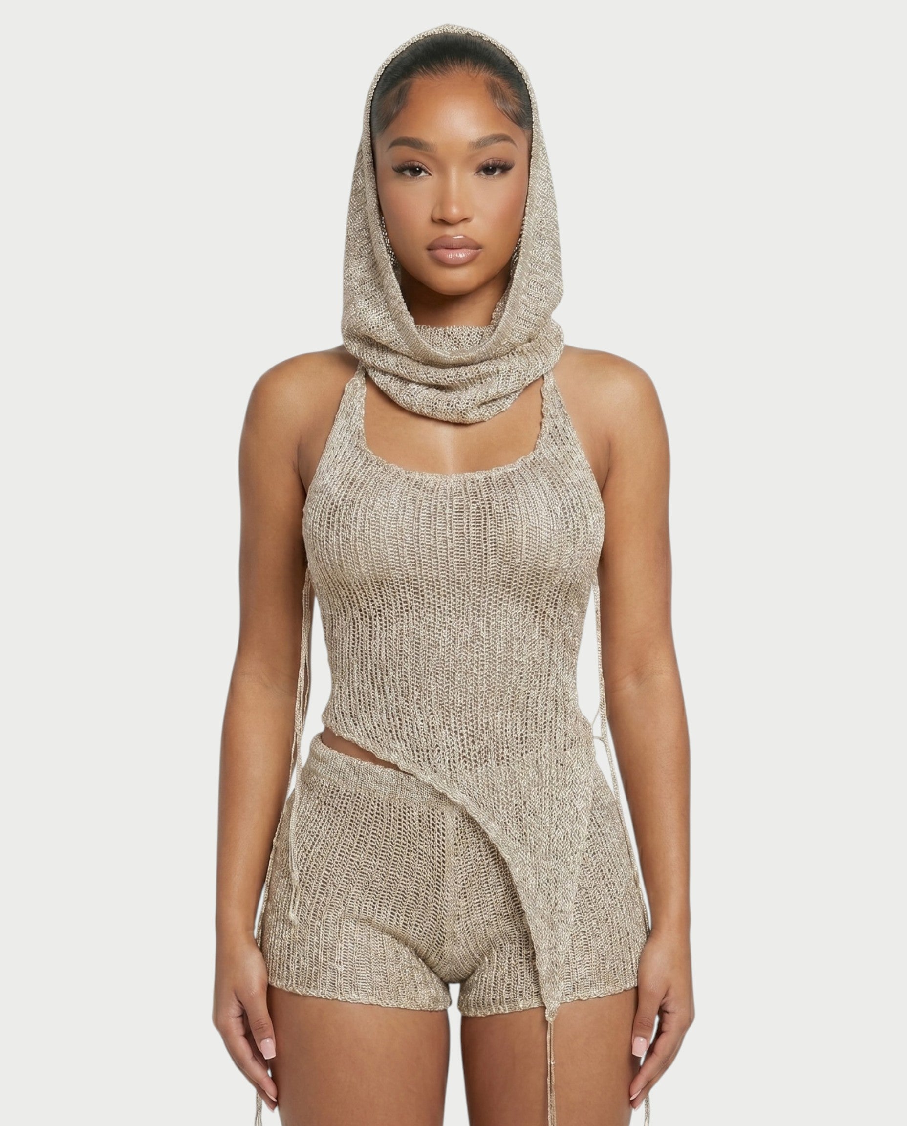 ZELISSE 3-Piece Halter Top, Shorts & Hooded Scarf Set