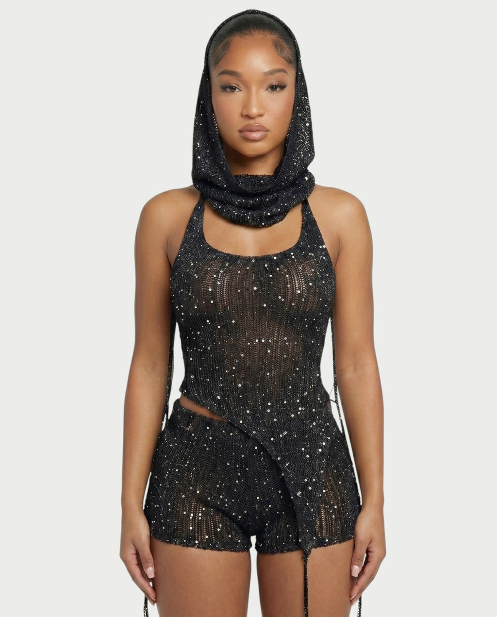 ZELISSE 3-Piece Halter Top, Shorts & Hooded Scarf Set