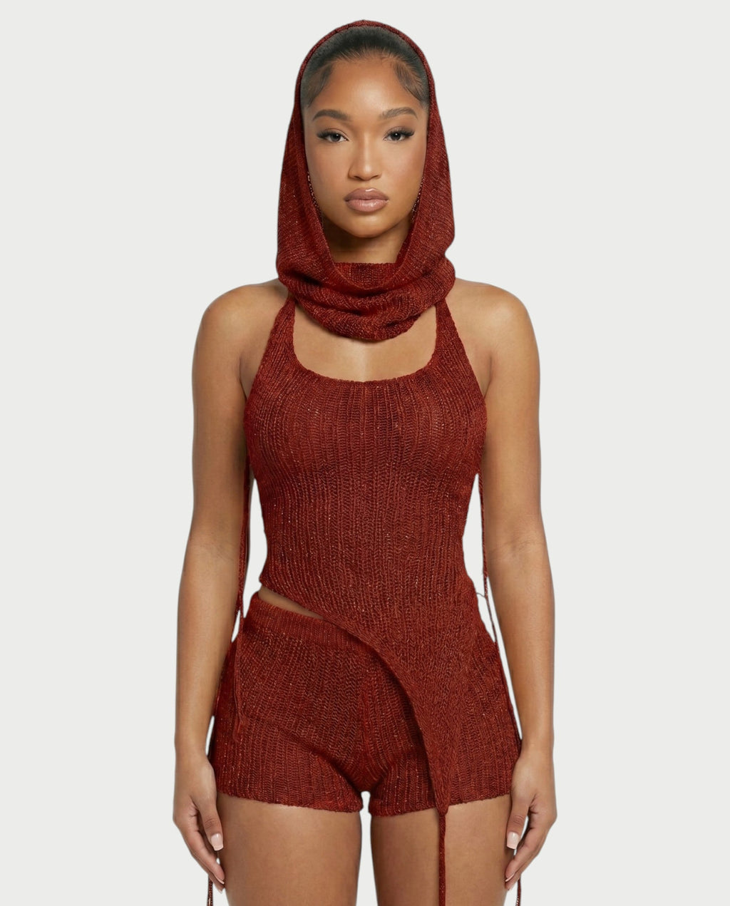 ZELISSE 3-Piece Halter Top, Shorts & Hooded Scarf Set
