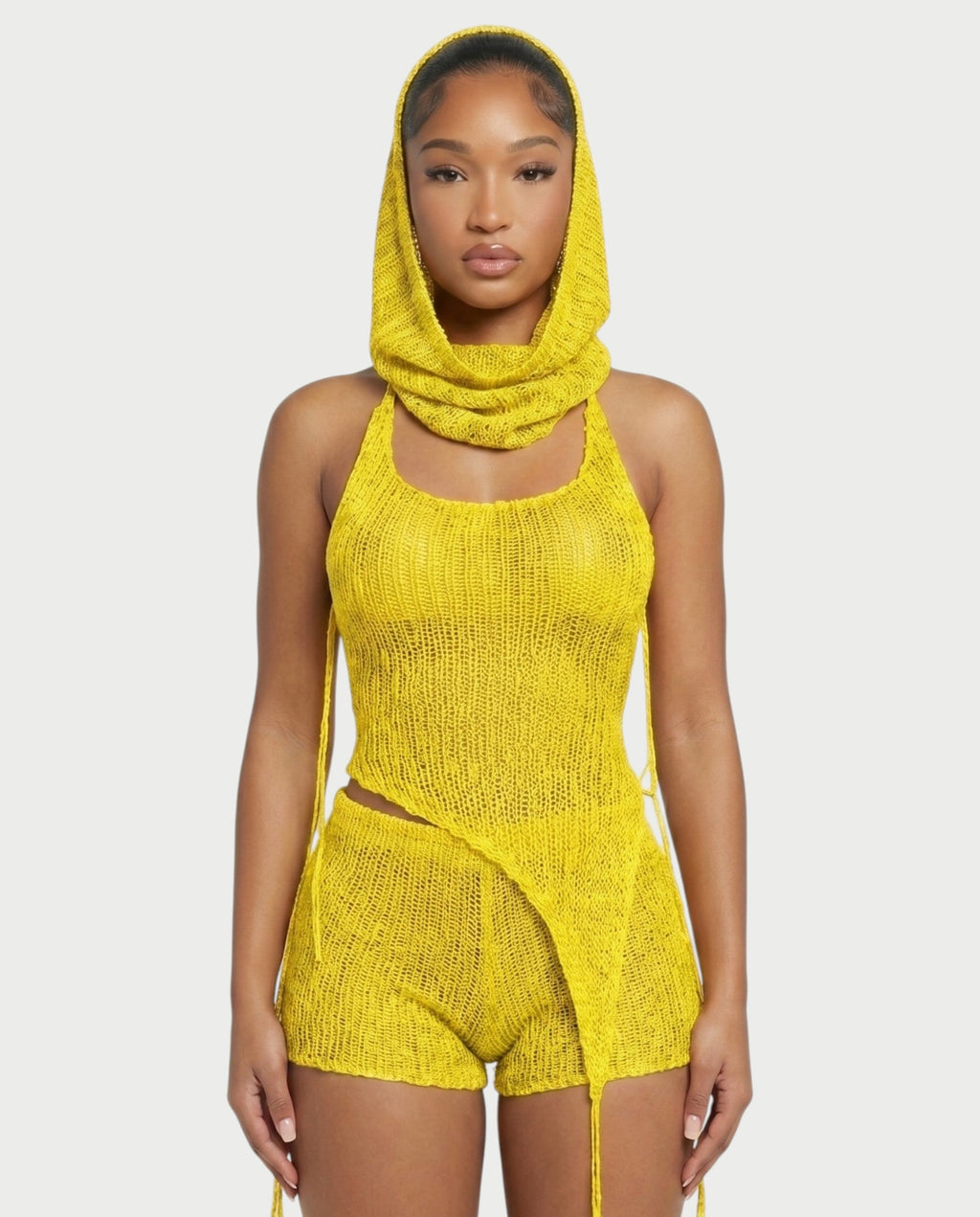 ZELISSE 3-Piece Halter Top, Shorts & Hooded Scarf Set