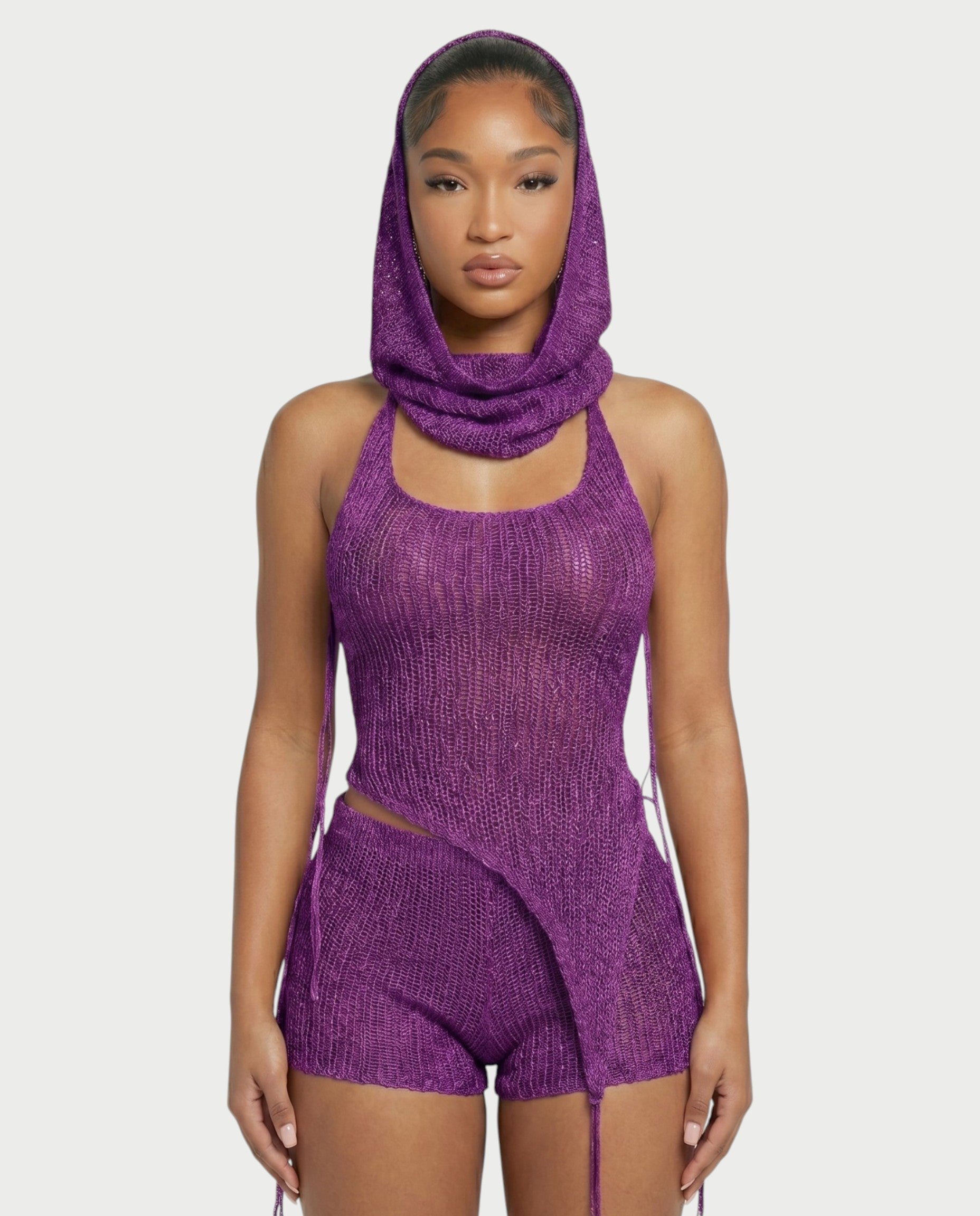 ZELISSE 3-Piece Halter Top, Shorts & Hooded Scarf Set