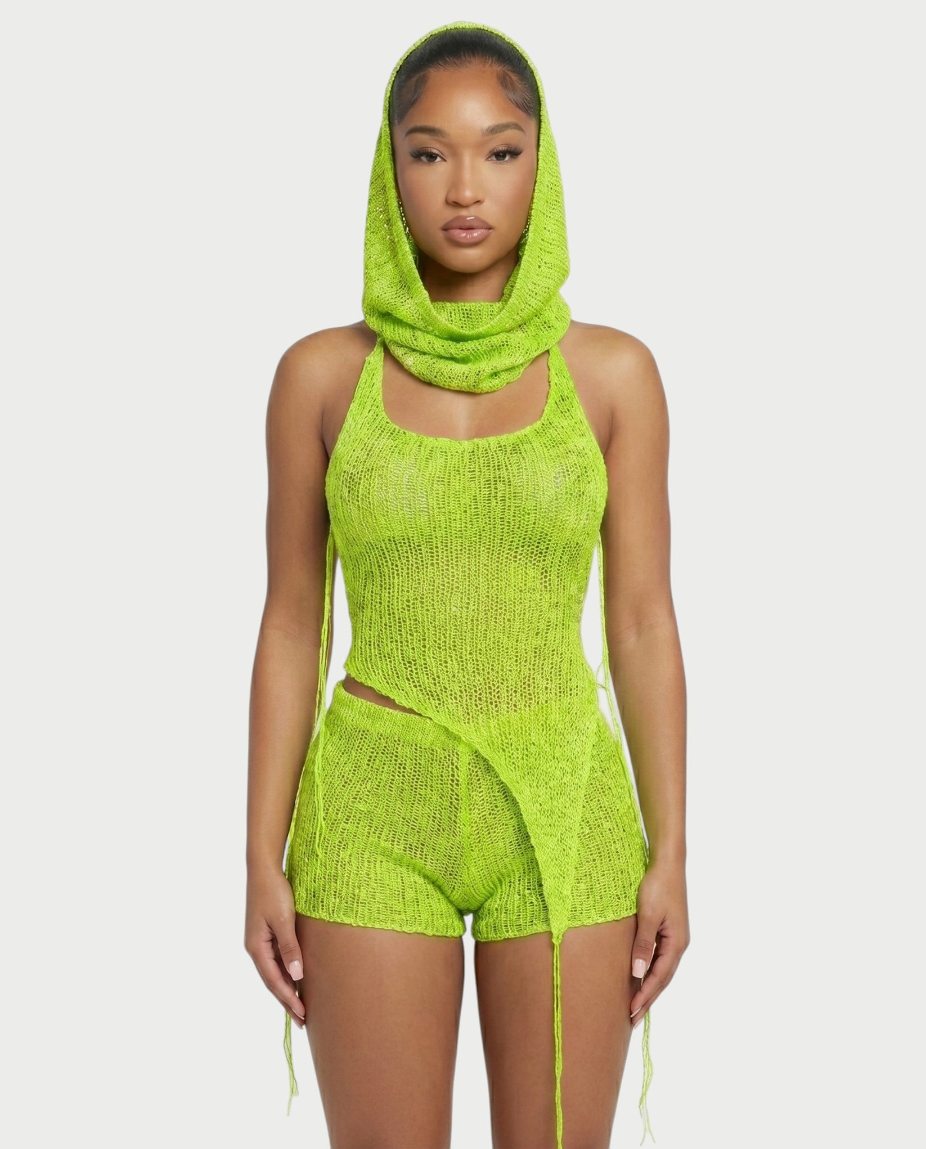 ZELISSE 3-Piece Halter Top, Shorts & Hooded Scarf Set