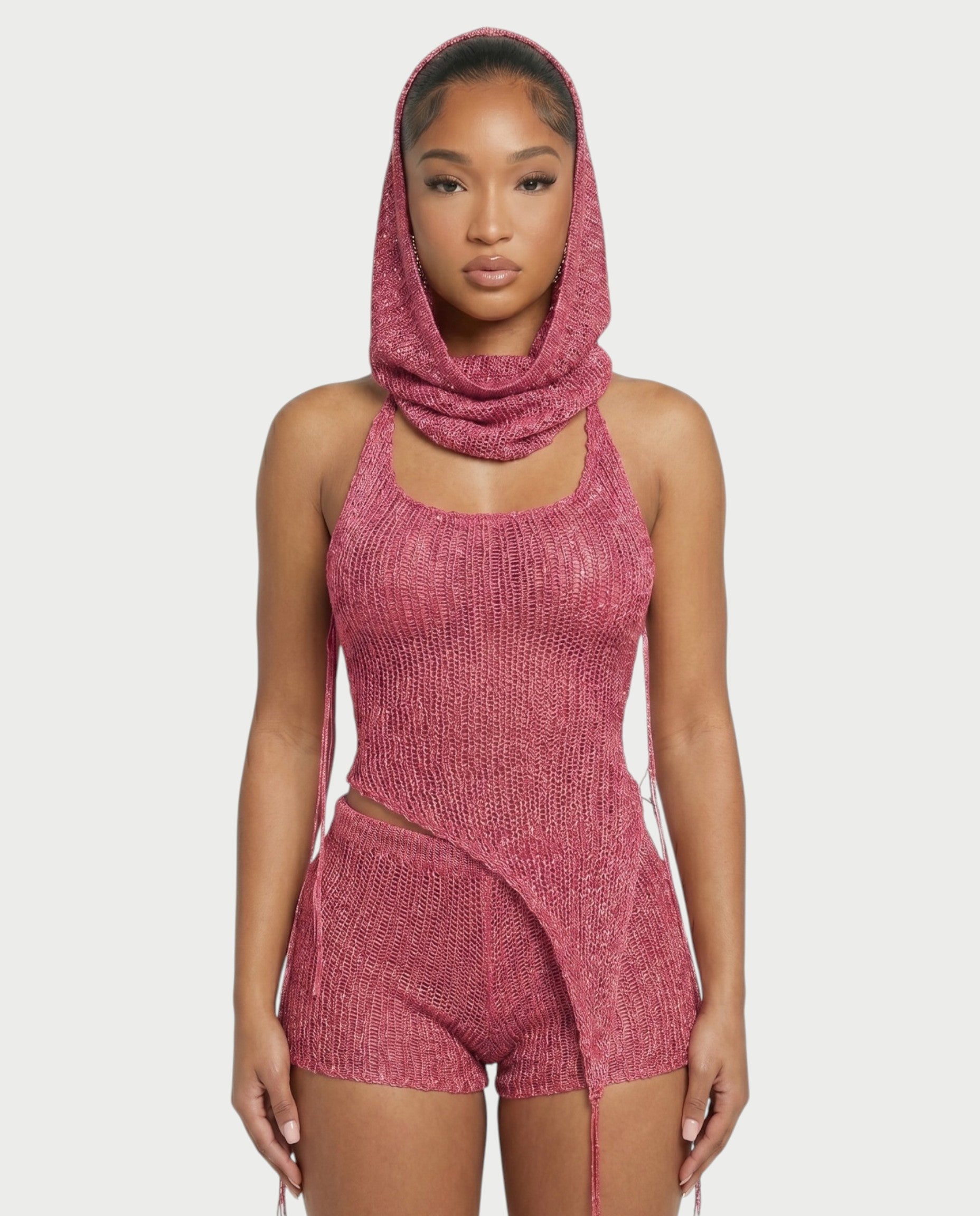 ZELISSE 3-Piece Halter Top, Shorts & Hooded Scarf Set