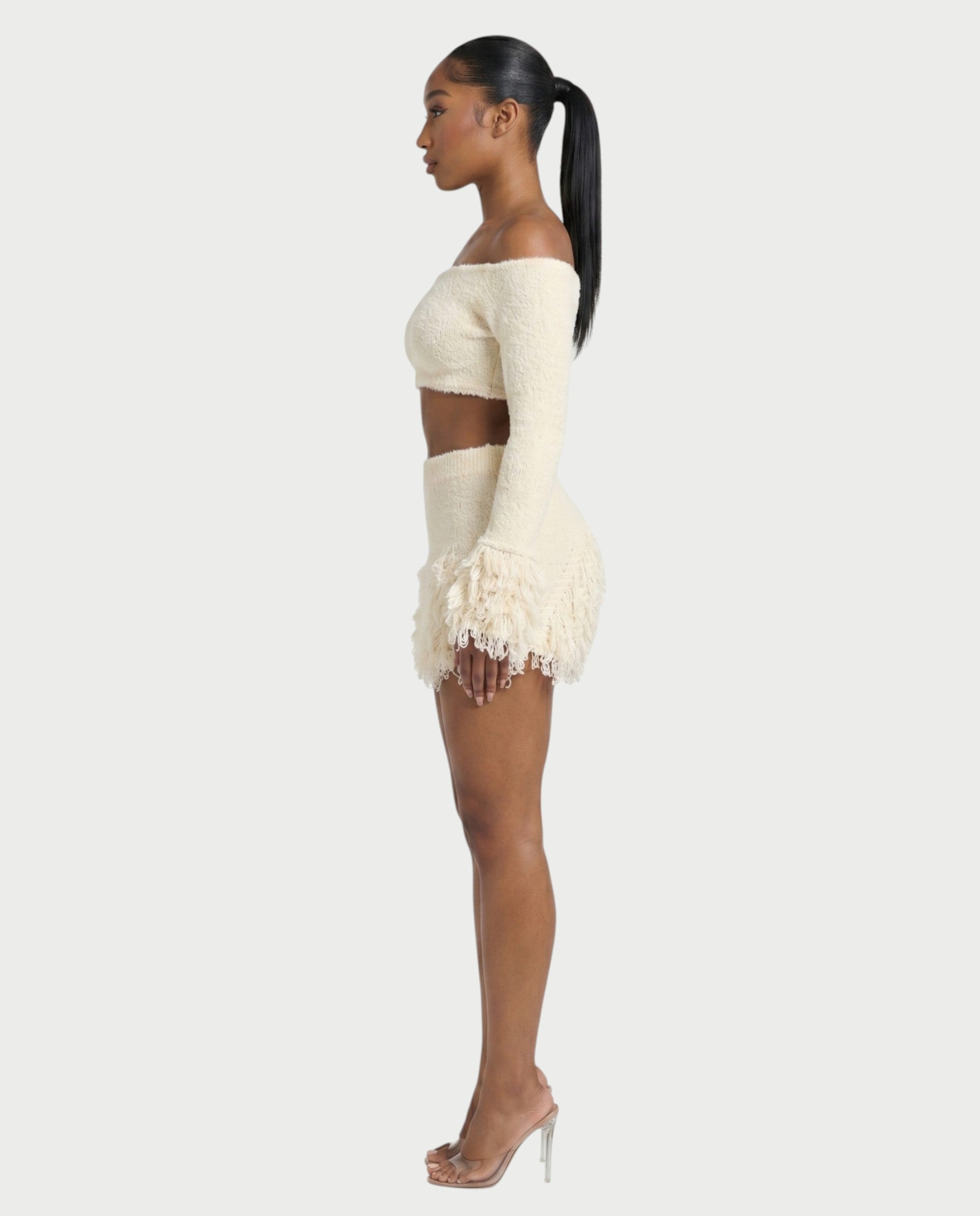 CAELINA Knit Crop Top & Fringe Mini Skirt Set