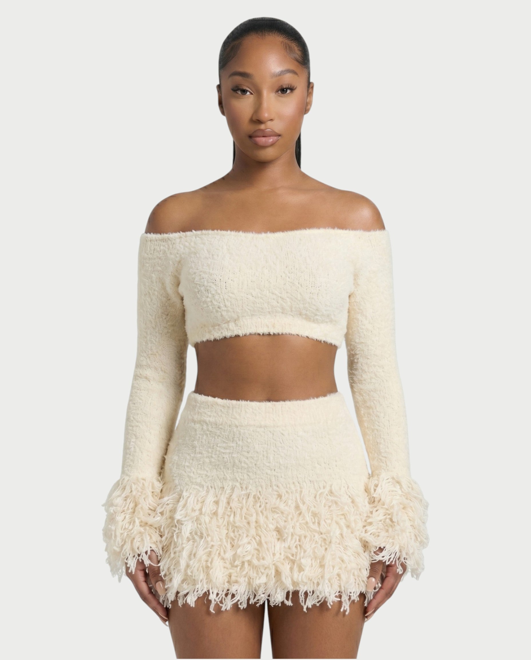 CAELINA Knit Crop Top & Fringe Mini Skirt Set