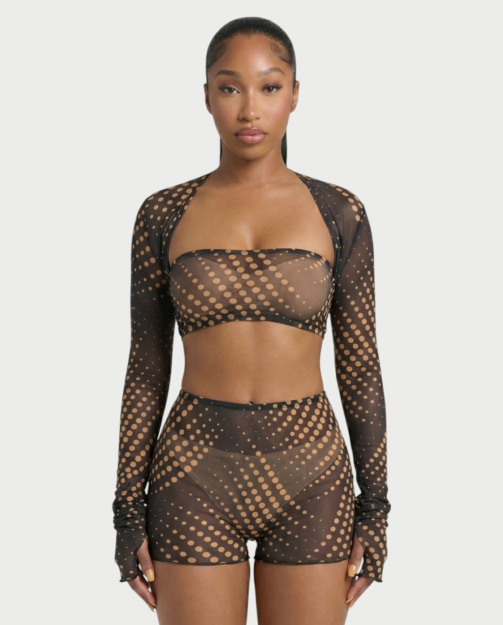 ELOWYN Sheer Dot 3-Piece Bolero, Bandeau Top & Shorts Set
