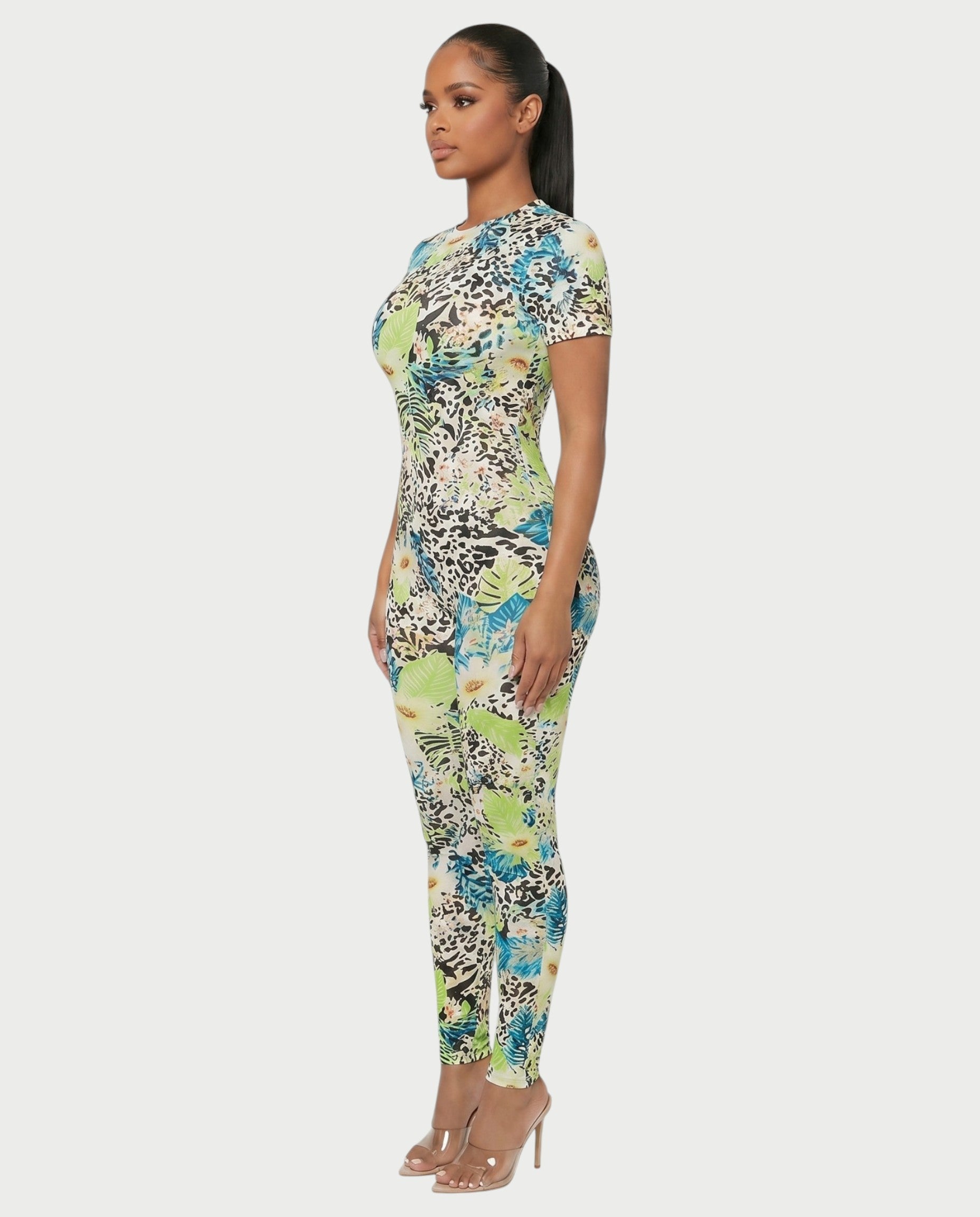 YSSA Tropical Print Short Sleeve Bodycon Jumpsuit