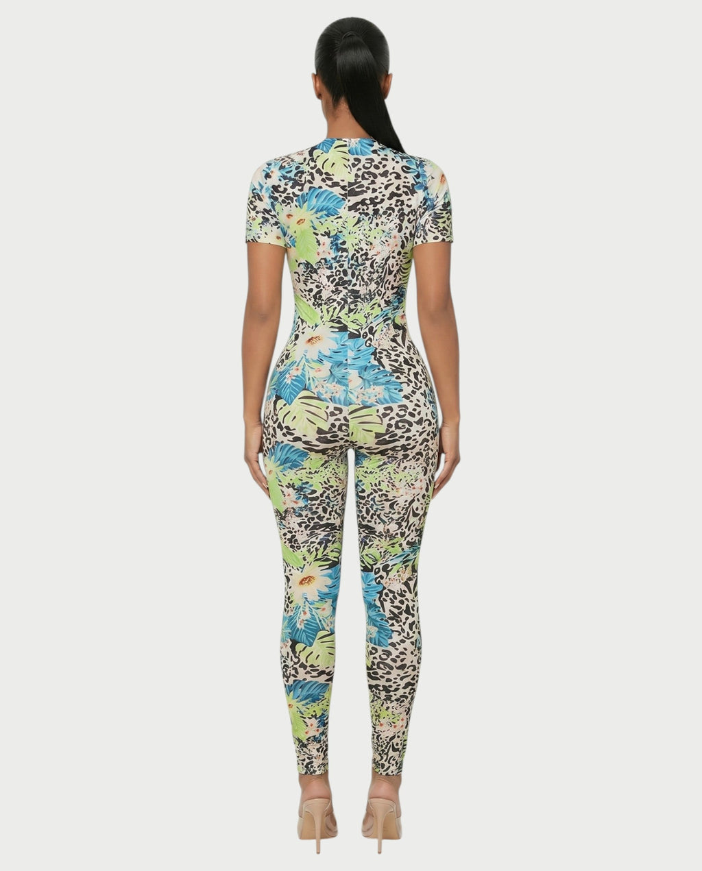 YSSA Tropical Print Short Sleeve Bodycon Jumpsuit