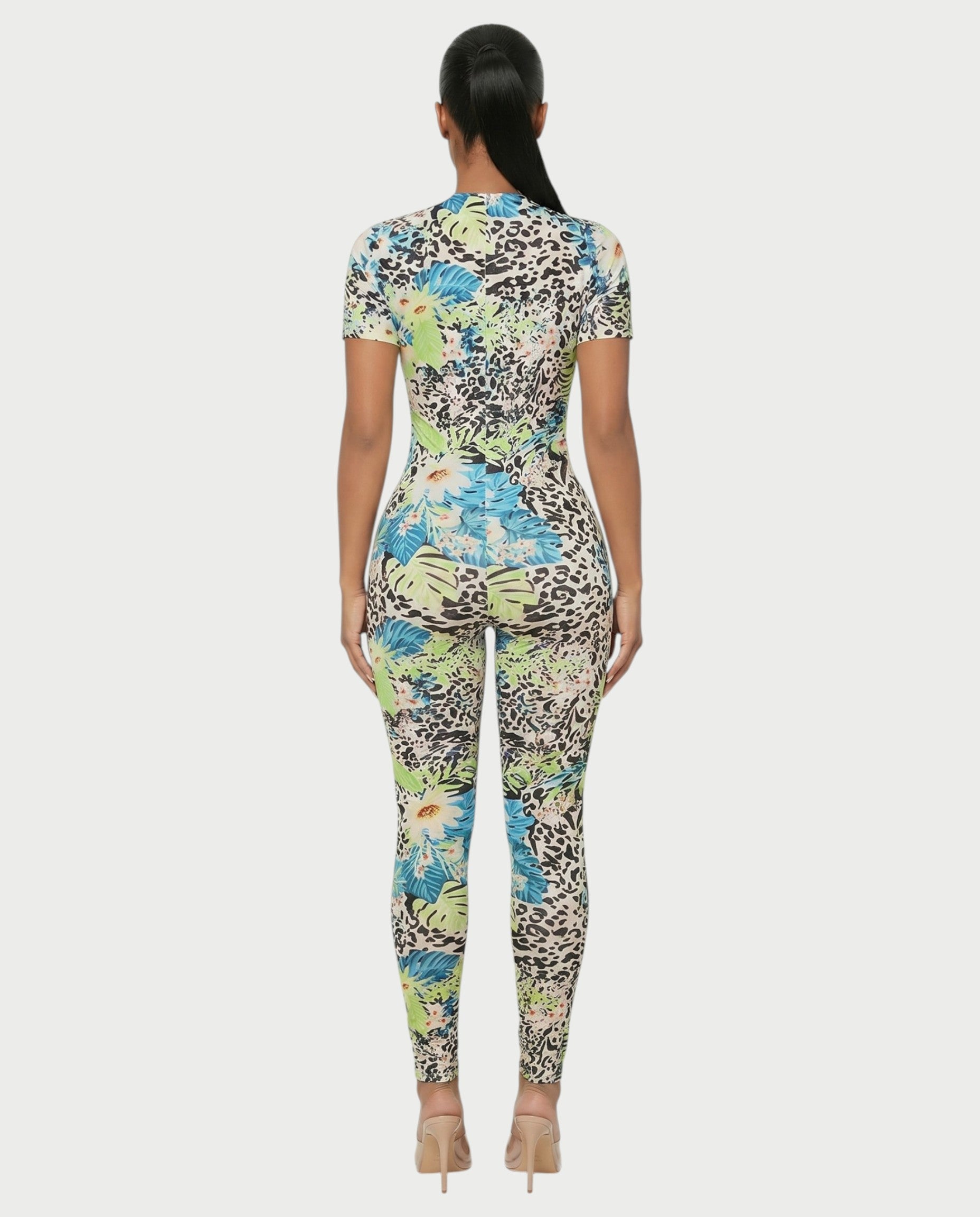 YSSA Tropical Print Short Sleeve Bodycon Jumpsuit