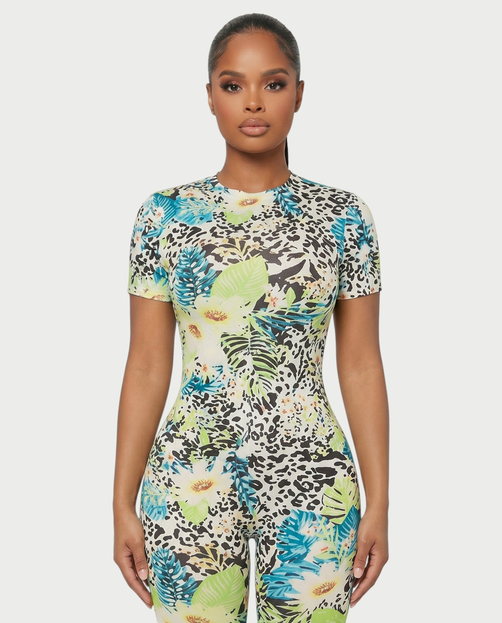 YSSA Tropical Print Short Sleeve Bodycon Jumpsuit