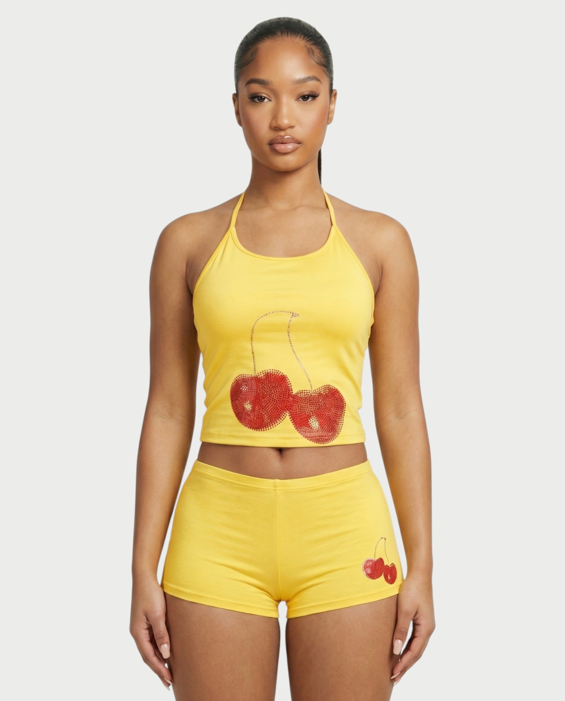 Sazha Cherry Halter Crop Top & Low-Rise Shorts Set