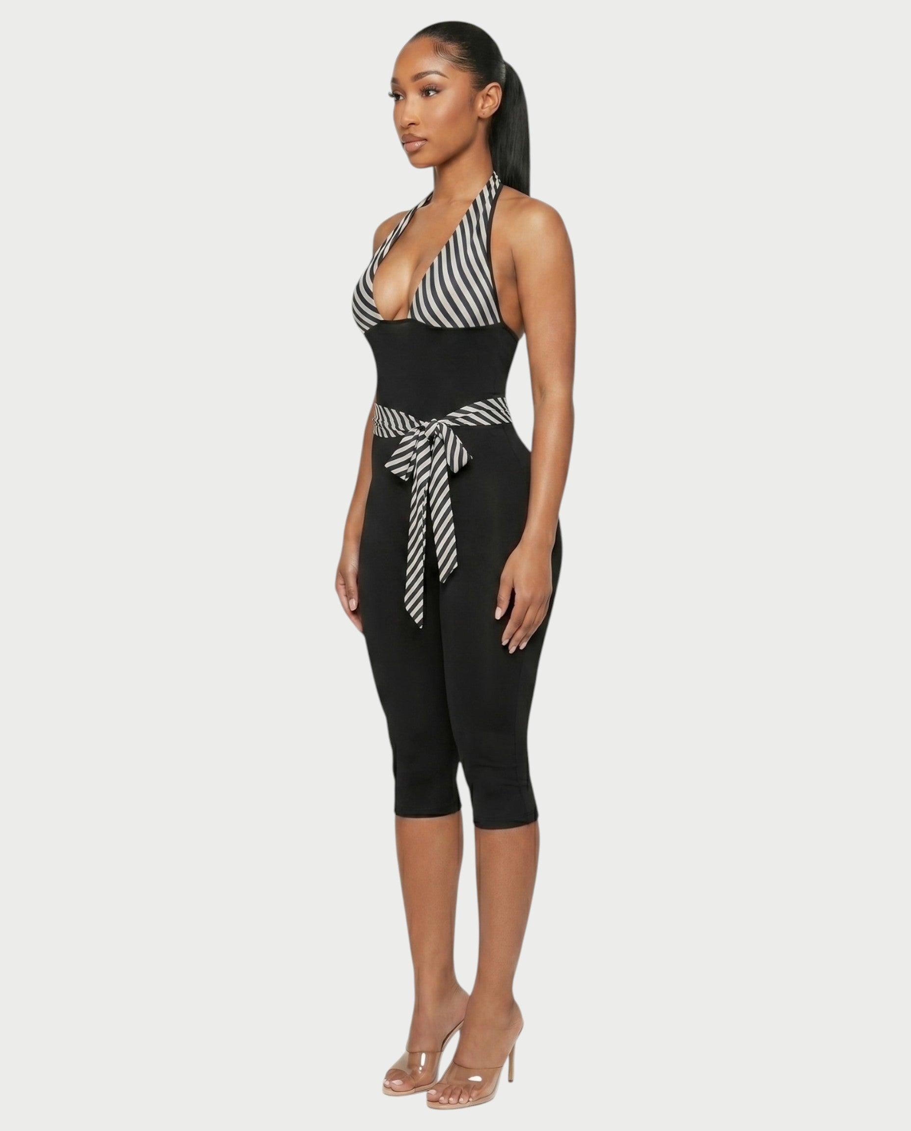 ZIAH Monochrome Striped Halter Neck Tie-Waist Capri Romper