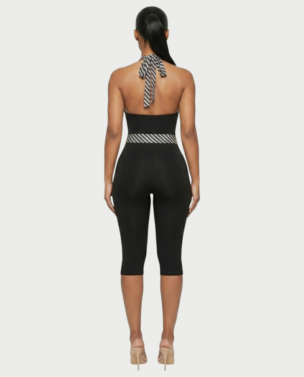 ZIAH Monochrome Striped Halter Neck Tie-Waist Capri Romper