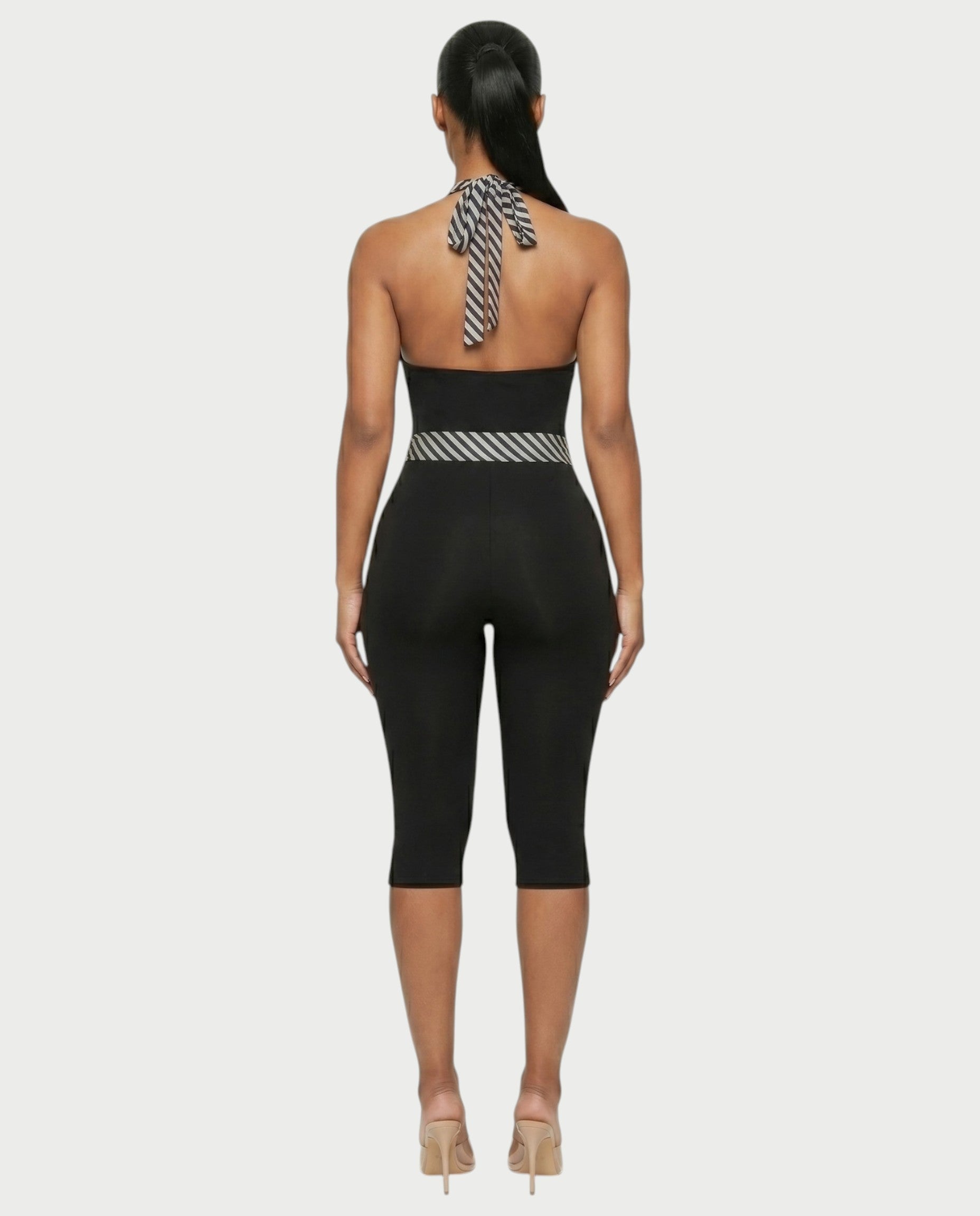 ZIAH Monochrome Striped Halter Neck Tie-Waist Capri Romper