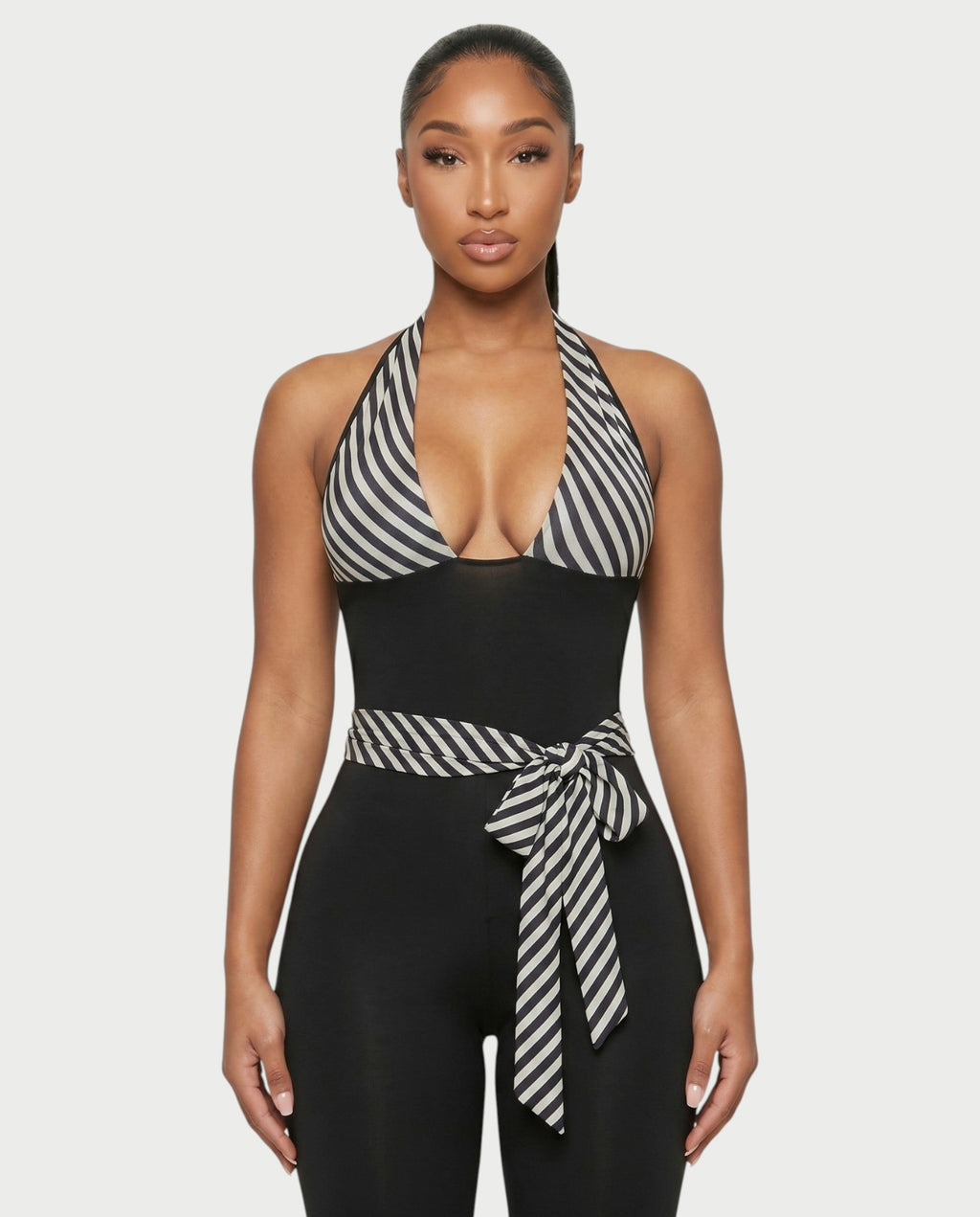 ZIAH Monochrome Striped Halter Neck Tie-Waist Capri Romper