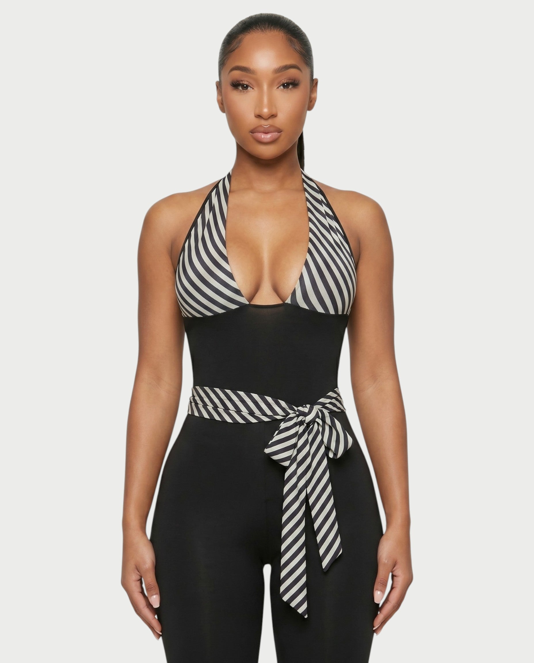 ZIAH Monochrome Striped Halter Neck Tie-Waist Capri Romper