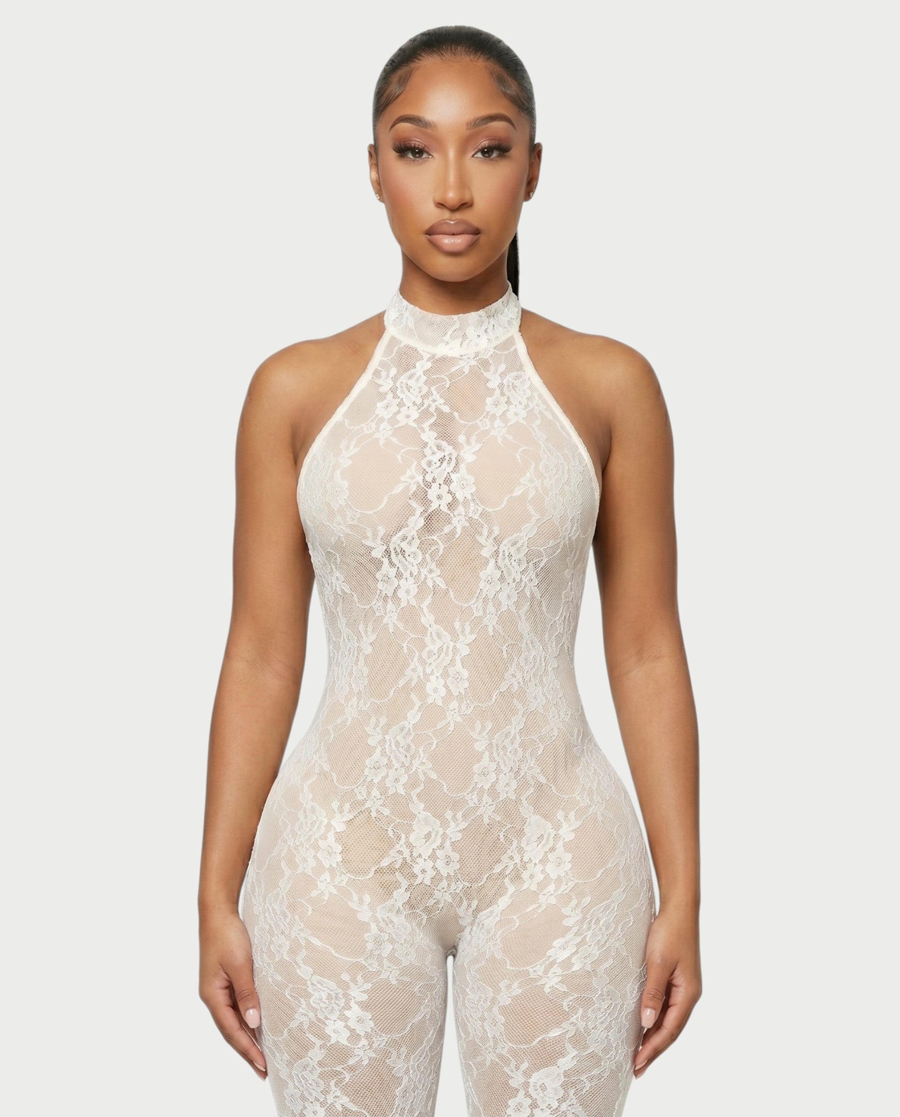 QIRELLA Sheer Lace Backless Bodycon Jumpsuit