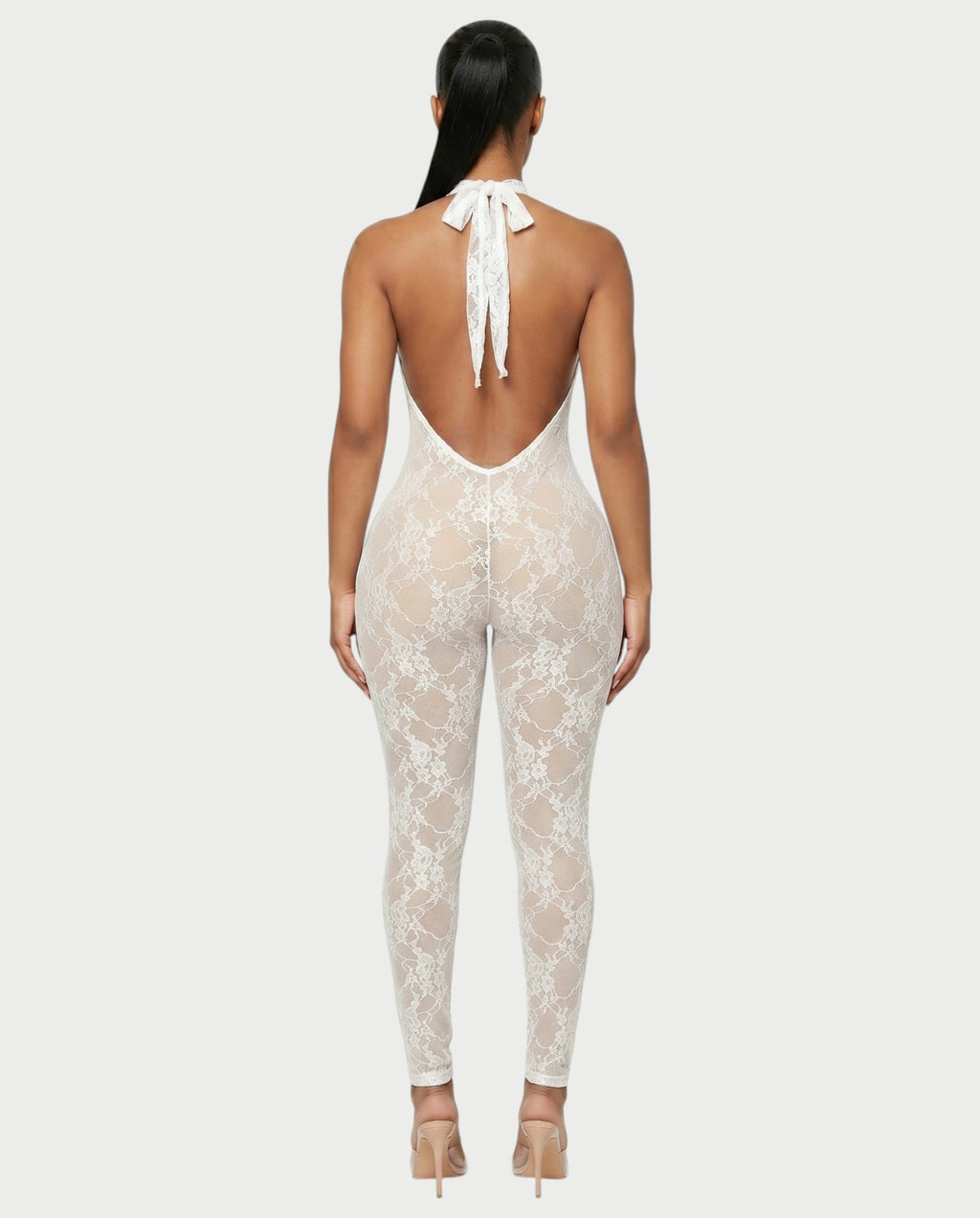 QIRELLA Sheer Lace Backless Bodycon Jumpsuit