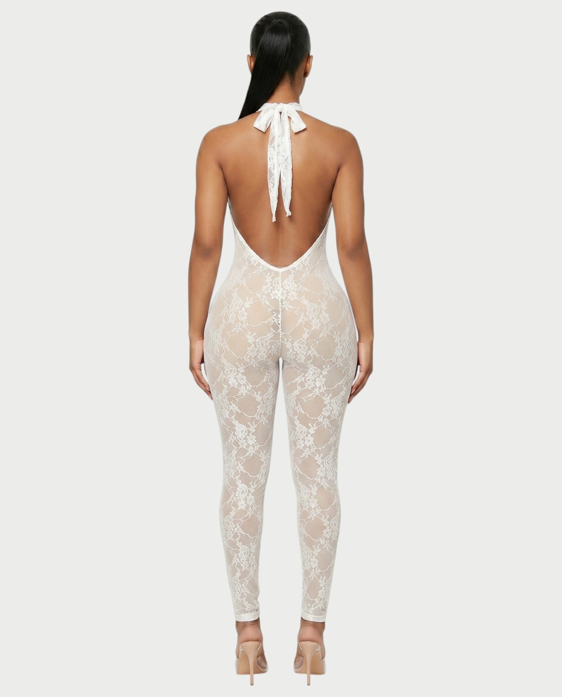 QIRELLA Sheer Lace Backless Bodycon Jumpsuit
