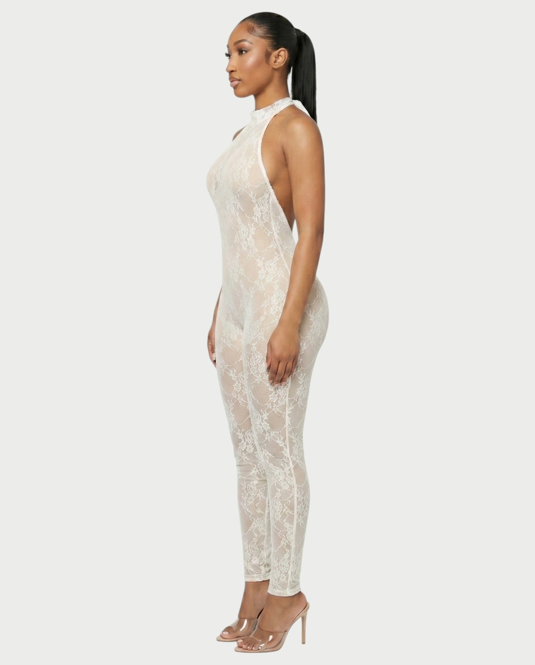 QIRELLA Sheer Lace Backless Bodycon Jumpsuit