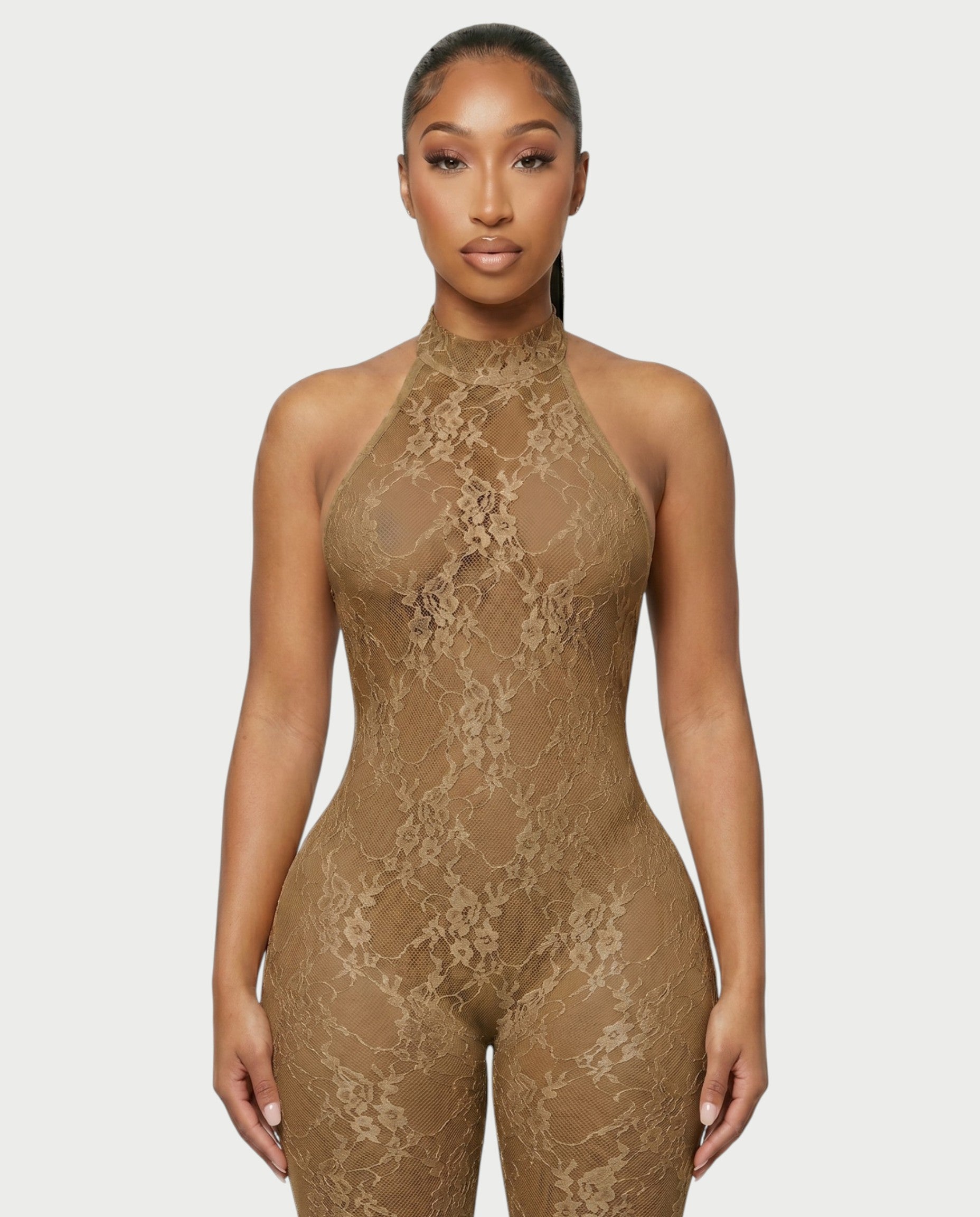 QIRELLA Sheer Lace Backless Bodycon Jumpsuit
