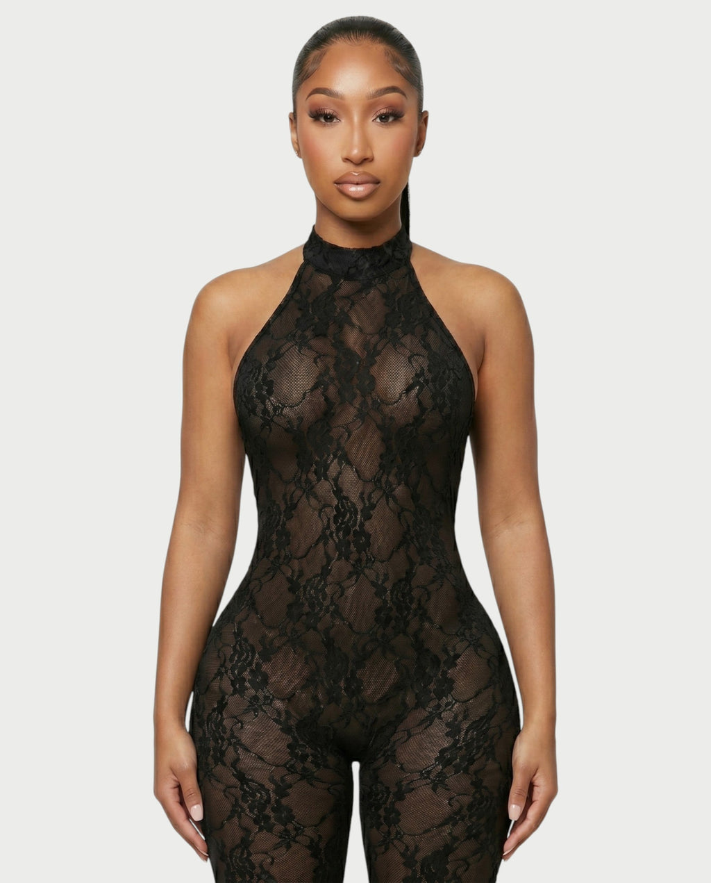 QIRELLA Sheer Lace Backless Bodycon Jumpsuit