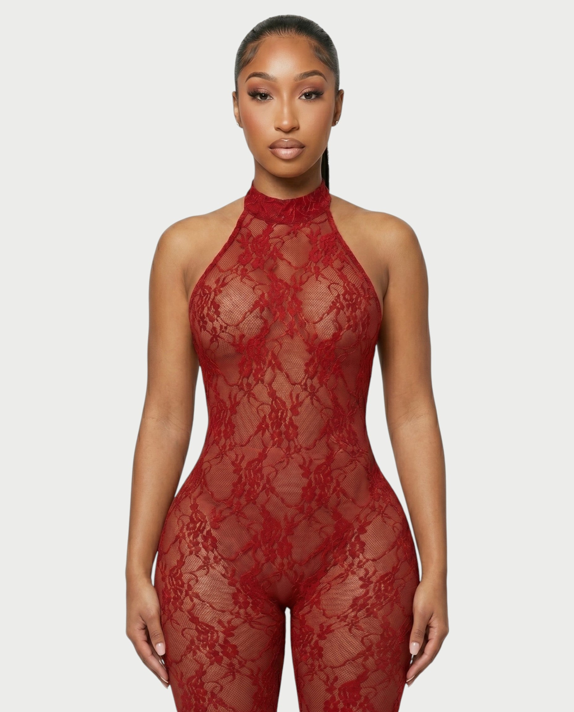 QIRELLA Sheer Lace Backless Bodycon Jumpsuit