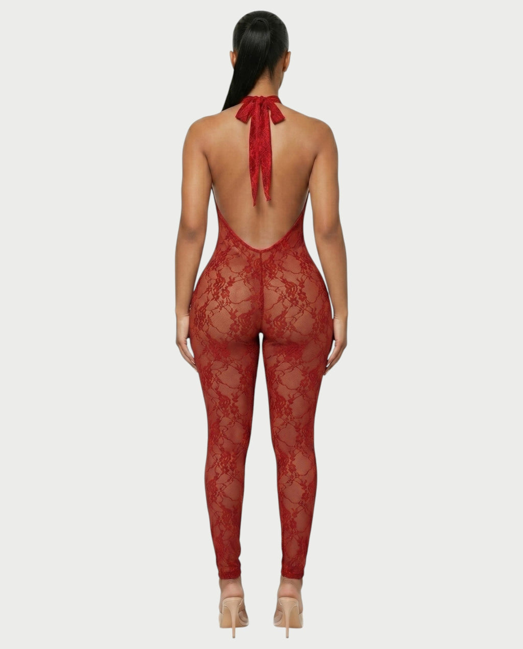 QIRELLA Sheer Lace Backless Bodycon Jumpsuit