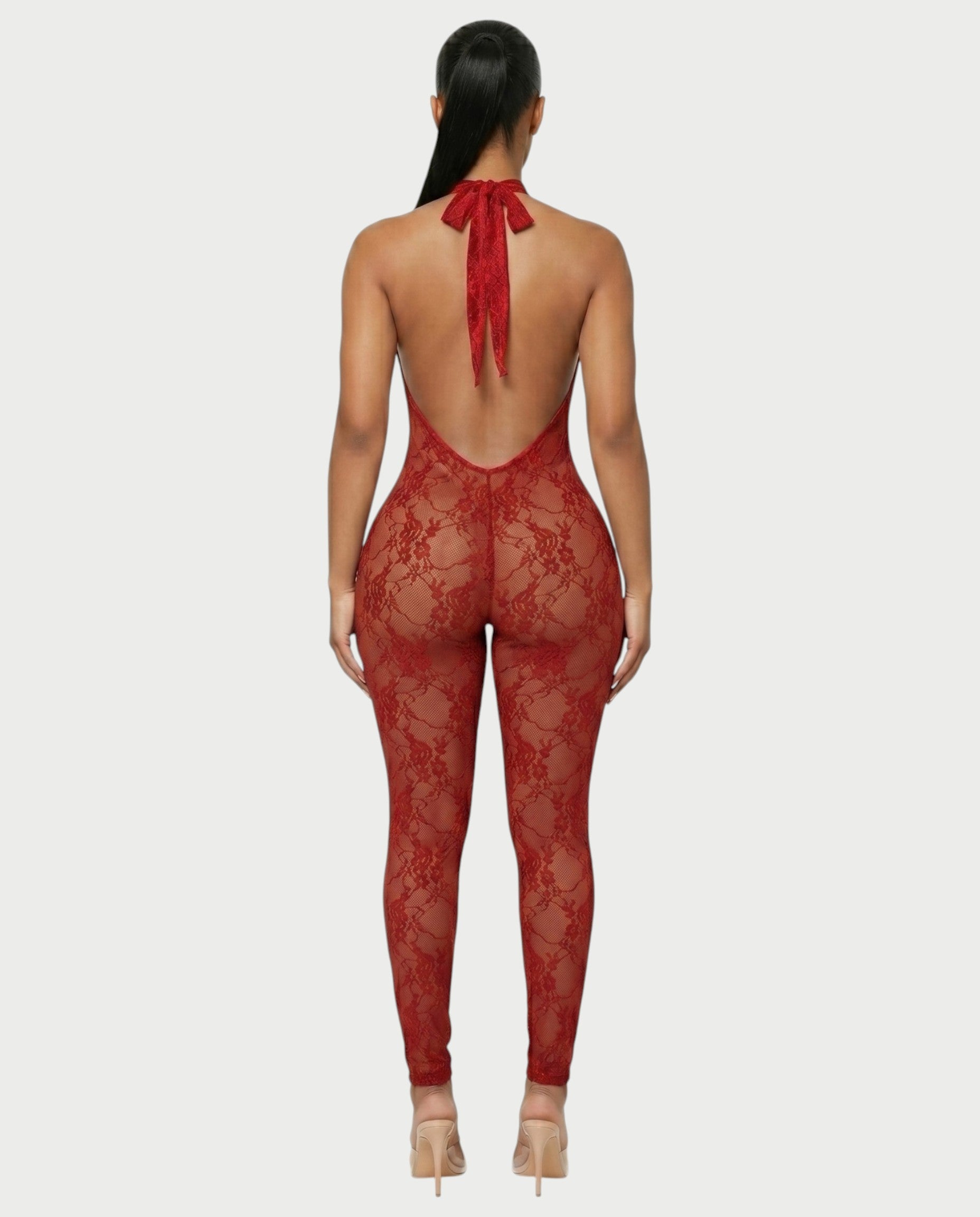 QIRELLA Sheer Lace Backless Bodycon Jumpsuit